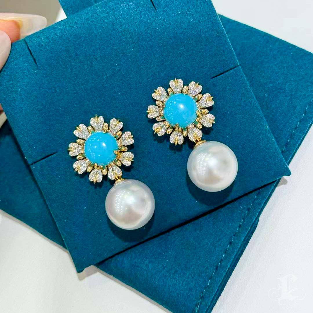 Women's 【Caelmare】Azure Bloom Convertible Turquoise & South Sea Pearl Earrings For Sale