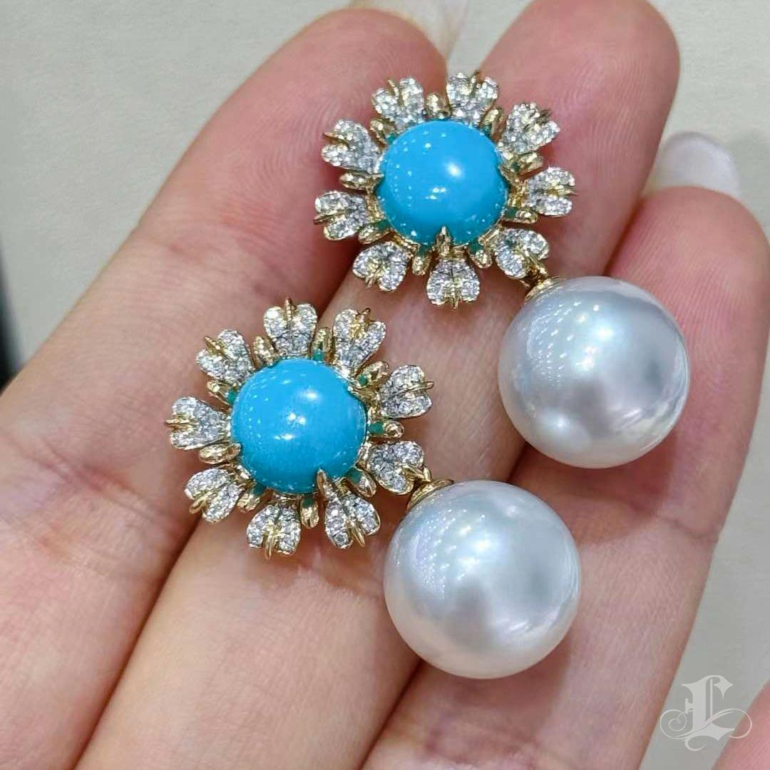 【Caelmare】Azure Bloom Convertible Turquoise & South Sea Pearl Earrings For Sale 1