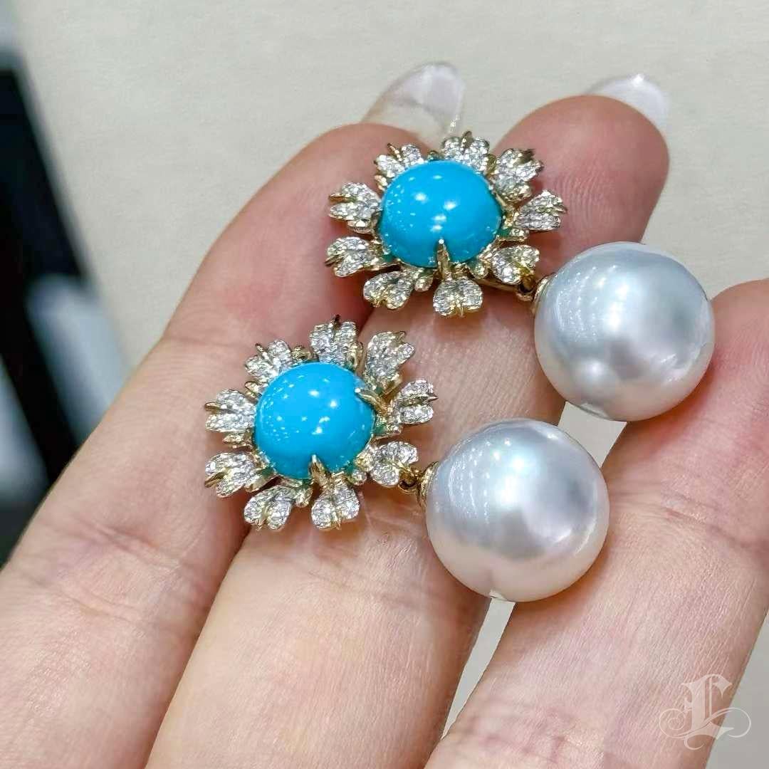 【Caelmare】Azure Bloom Convertible Turquoise & South Sea Pearl Earrings For Sale 2