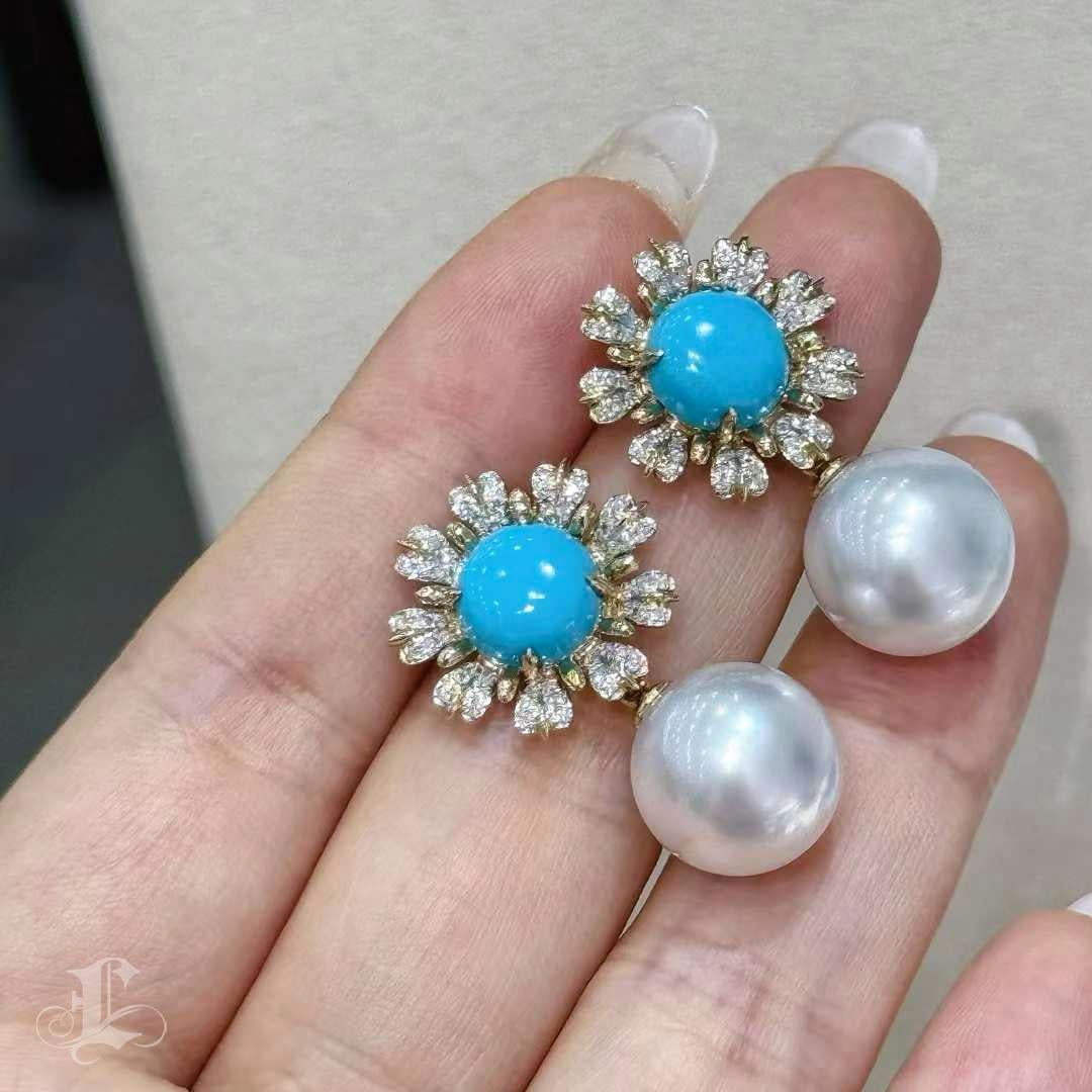 【Caelmare】Azure Bloom Convertible Turquoise & South Sea Pearl Earrings For Sale 3