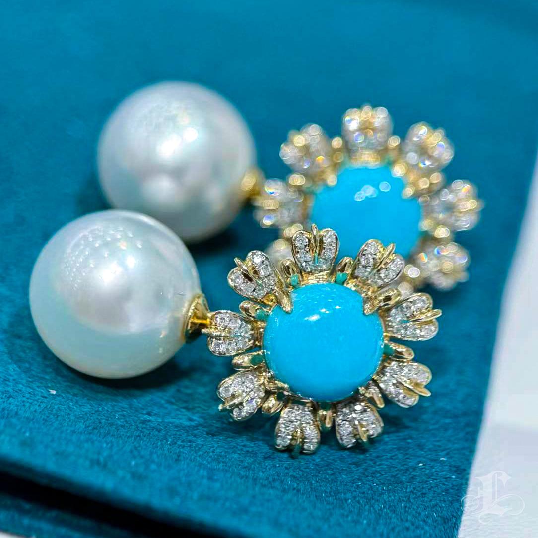 【Caelmare】Azure Bloom Convertible Turquoise & South Sea Pearl Earrings For Sale 4