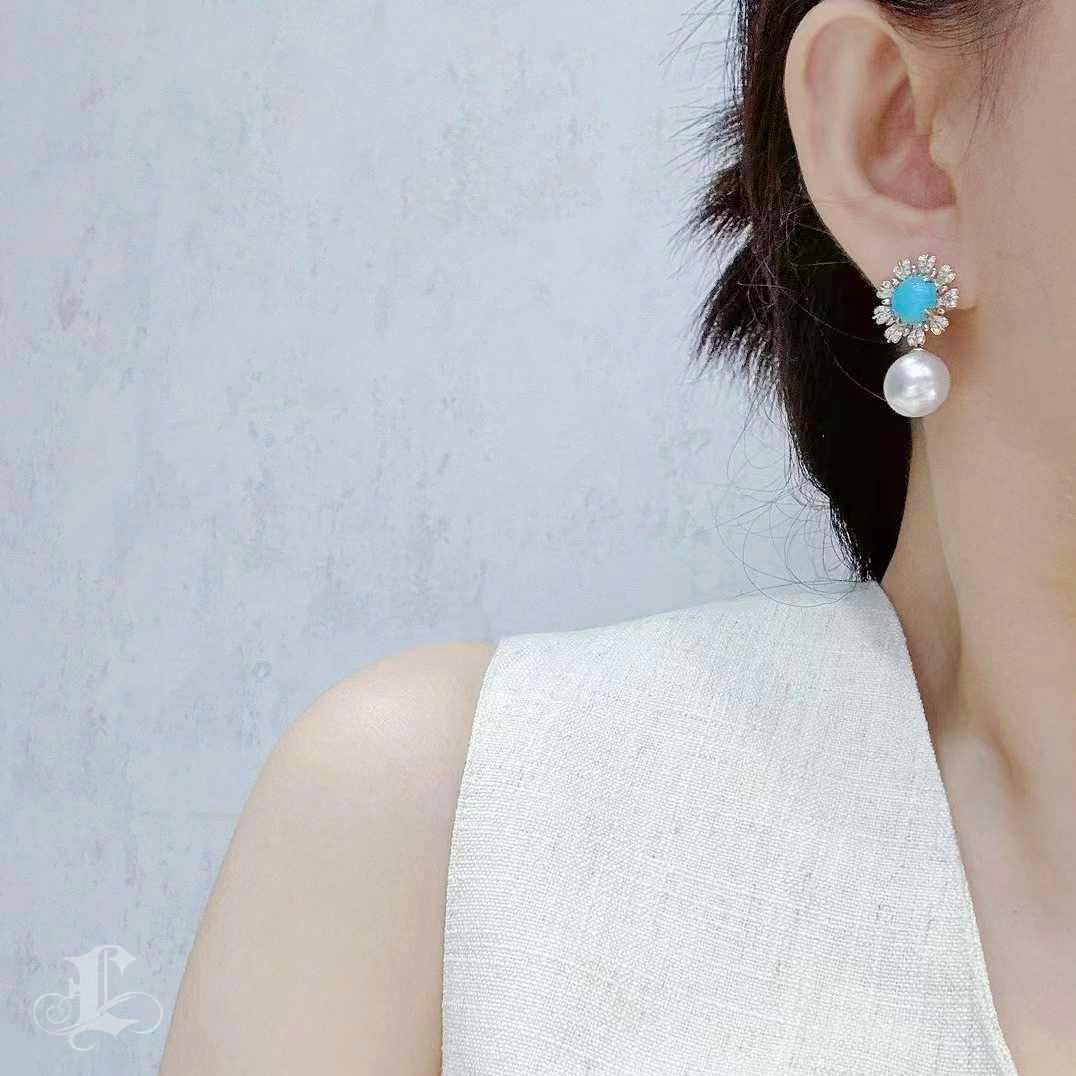 【Caelmare】Azure Bloom Convertible Turquoise & South Sea Pearl Earrings For Sale 5