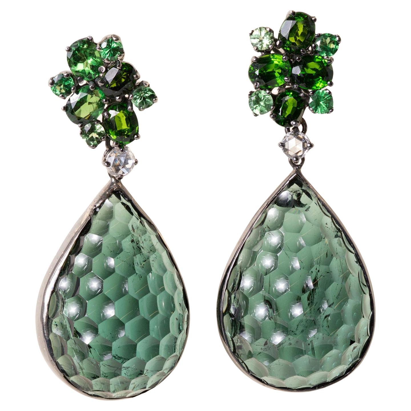 18K Gold 44.25ct Indicolite Tourmaline, Chrome Diopside and Diamond Earrings For Sale