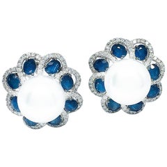 18 Karat Gold 4.45 Carat Sapphire, Diamond and South Sea Pearl Earrings
