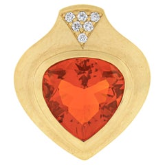 Vintage 18k Gold 4.46ctw GIA Bezel Set Orange Fire Opal w/ Diamond Brushed Slide Pendant