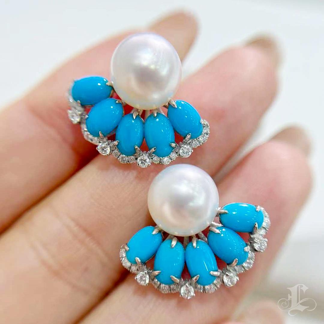 【Caelmare】Cerulean Fan South Sea Pearl & Turquoise Diamond Earrings In New Condition For Sale In New York, NY