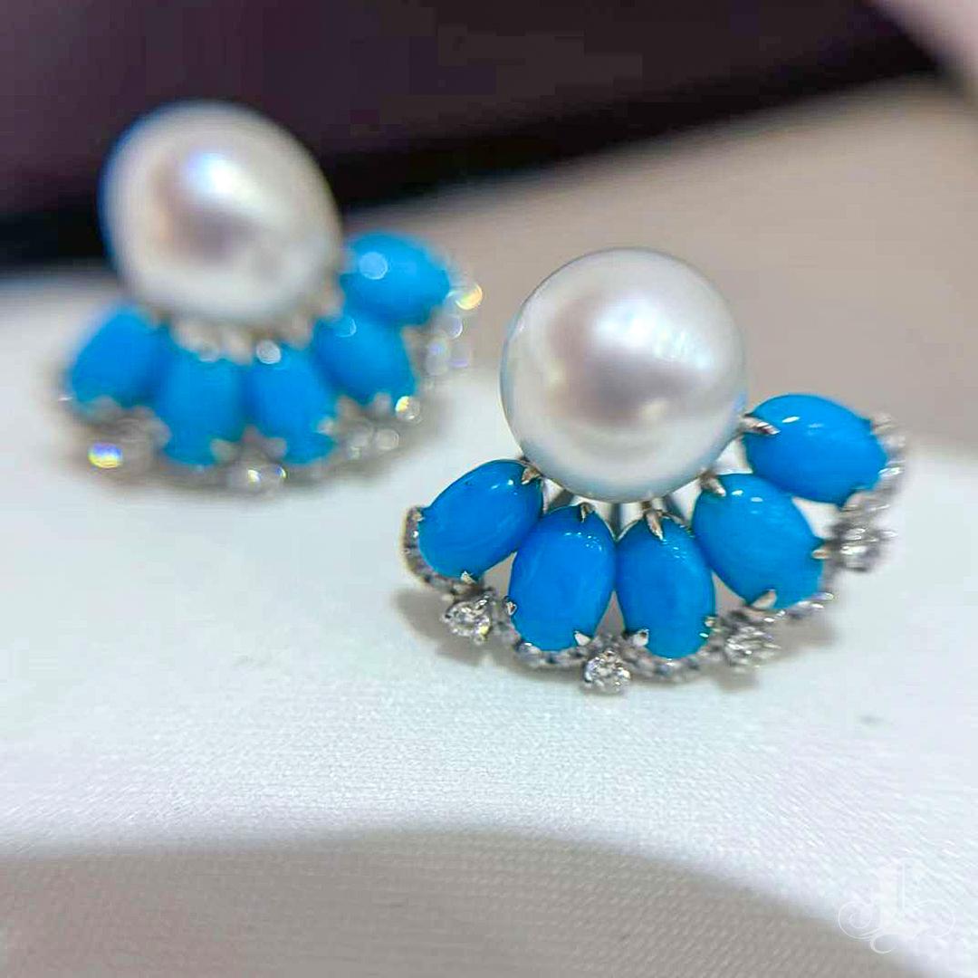 【Caelmare】Cerulean Fan South Sea Pearl & Turquoise Diamond Earrings For Sale 1