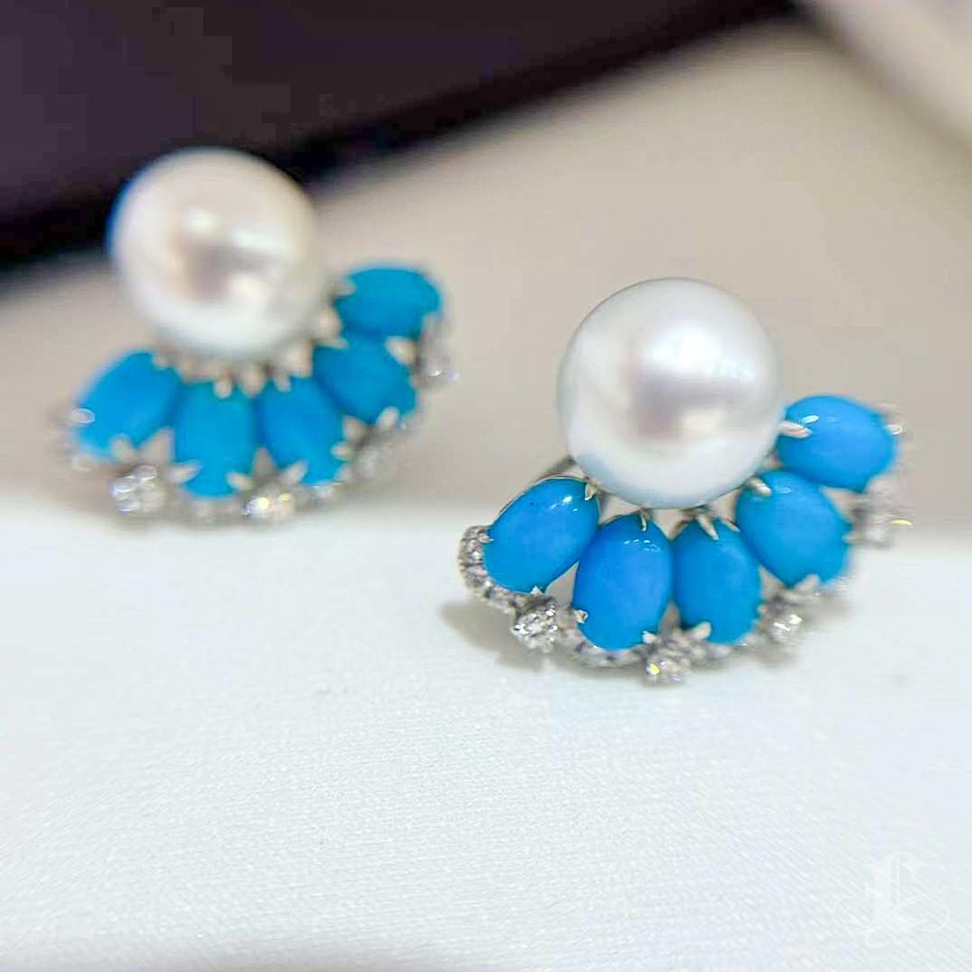 【Caelmare】Cerulean Fan South Sea Pearl & Turquoise Diamond Earrings For Sale 3
