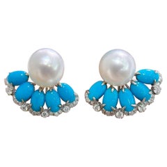 【Caelmare】Cerulean Fan Südsee Perle & Türkis Diamant Ohrringe
