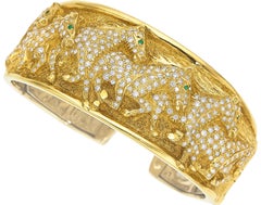 18k Gold & 4.50 Carat Diamond Horse Relief Cuff with Emerald Accents, Size 7