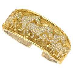 18k Gold & 4.50 Carat Diamond Horse Relief Cuff with Emerald Accents, Size 7