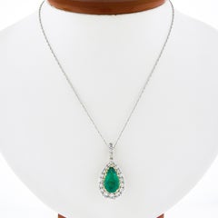 18k Gold 4.51ct GIA Colombian Pear Emerald Diamond Halo Teardrop Pendant & Chain
