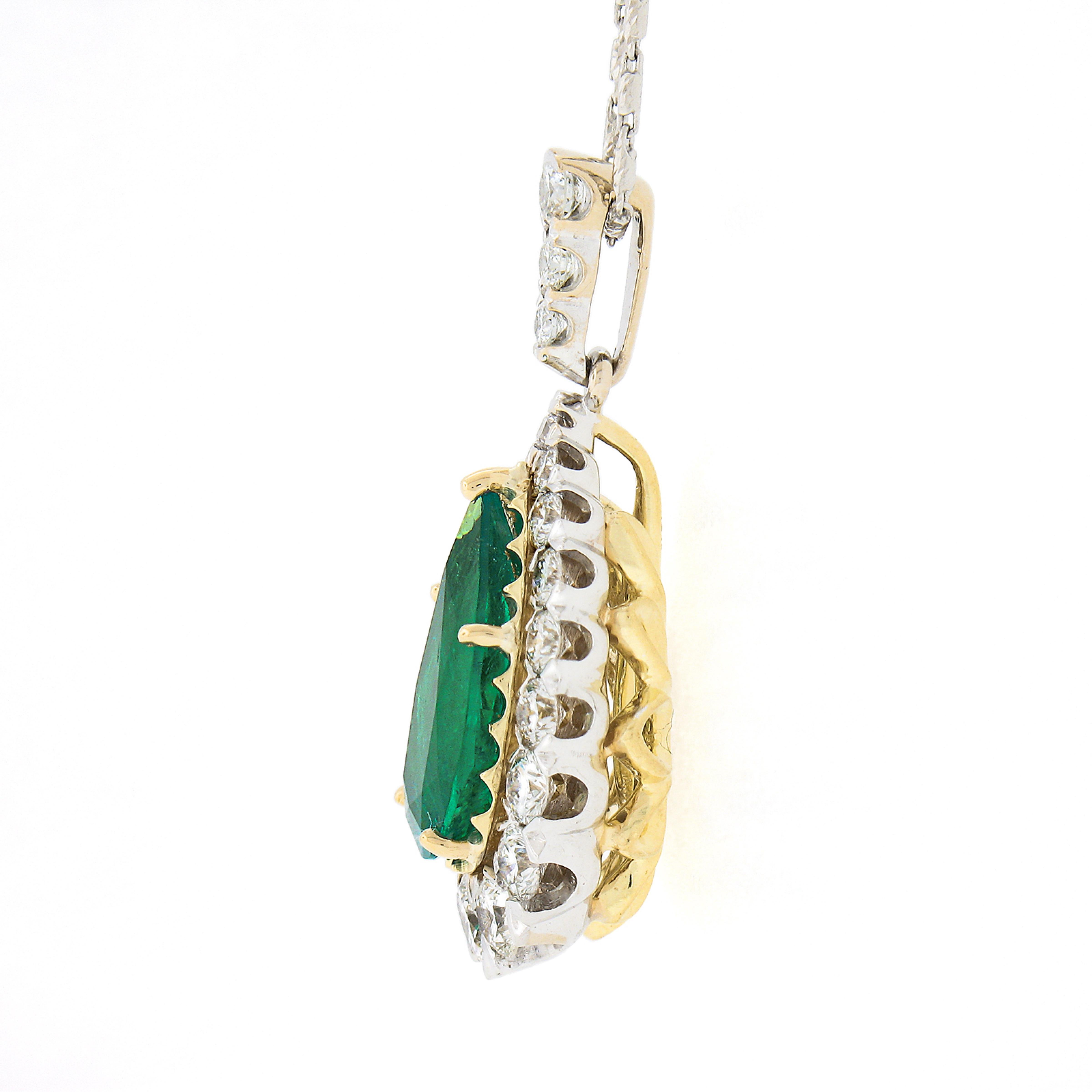 Pear Cut 18k Gold 4.51ct GIA Colombian Pear Emerald Diamond Halo Teardrop Pendant & Chain For Sale