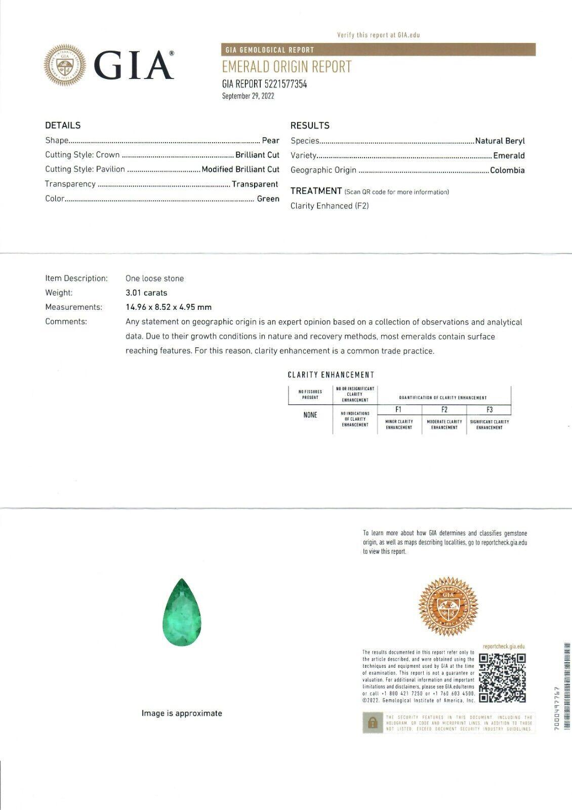 18k Gold 4.51ct GIA Colombian Pear Emerald Diamond Halo Teardrop Pendant & Chain For Sale 1