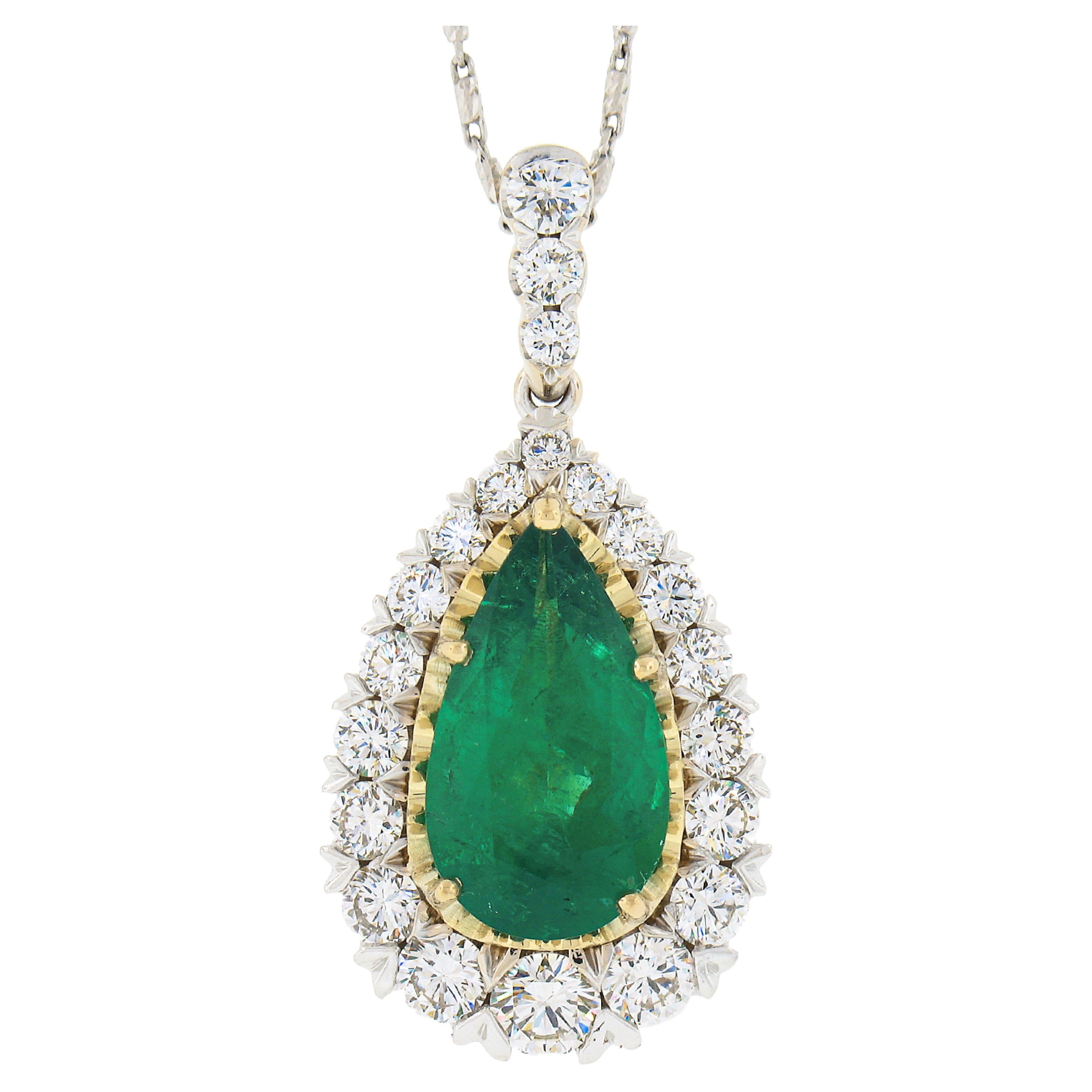 18k Gold 4.51ct GIA Colombian Pear Emerald Diamond Halo Teardrop Pendant & Chain For Sale