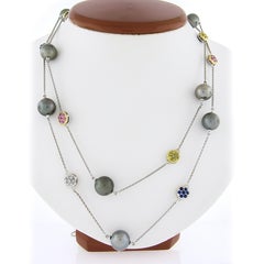 18k Gold Chain Necklace w/ Tahitian Pearl Sapphires & Diamonds Station