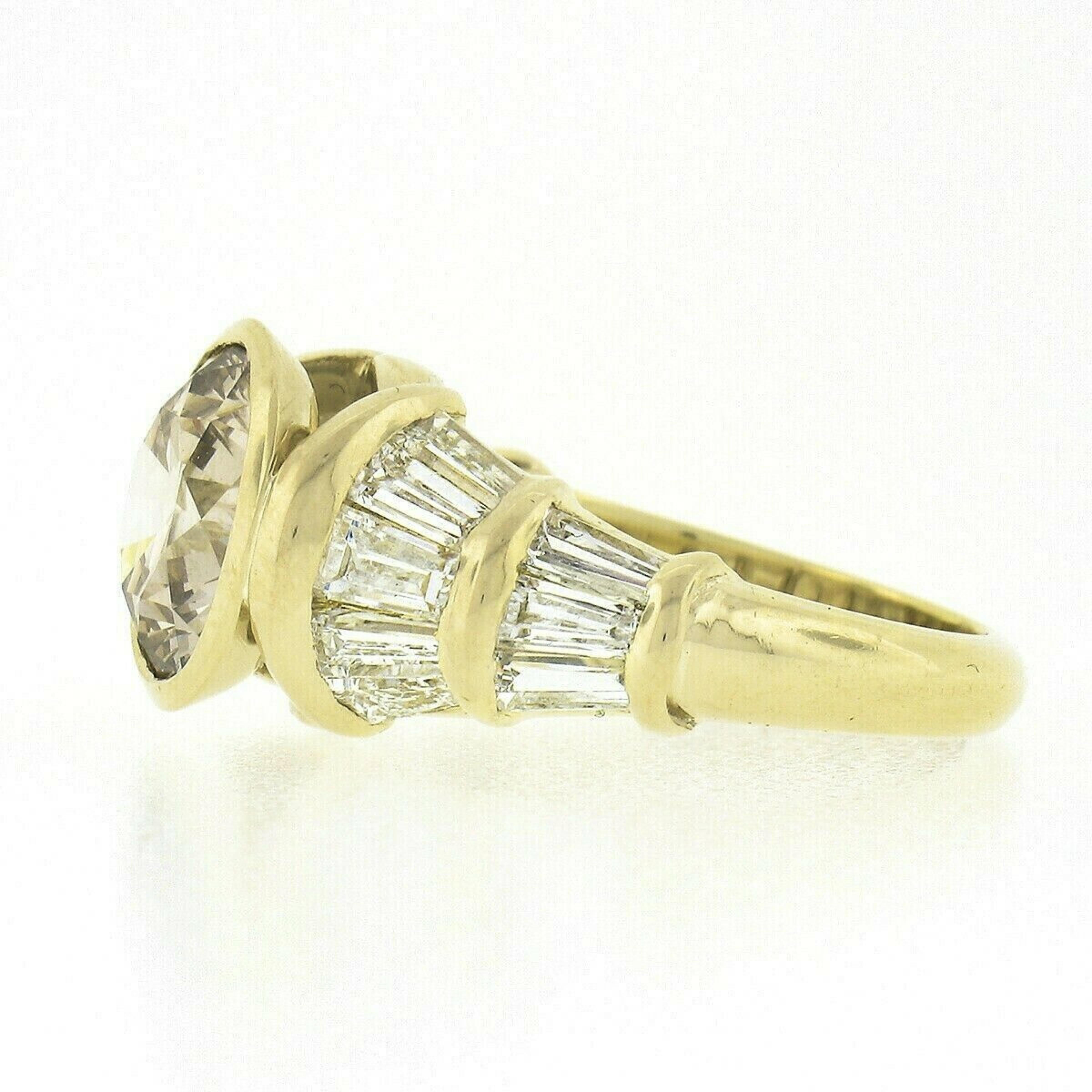 Women's 18K Gold 4.70ctw GIA Round Bezel Light Brown Diamond & Baguettes Engagement Ring For Sale