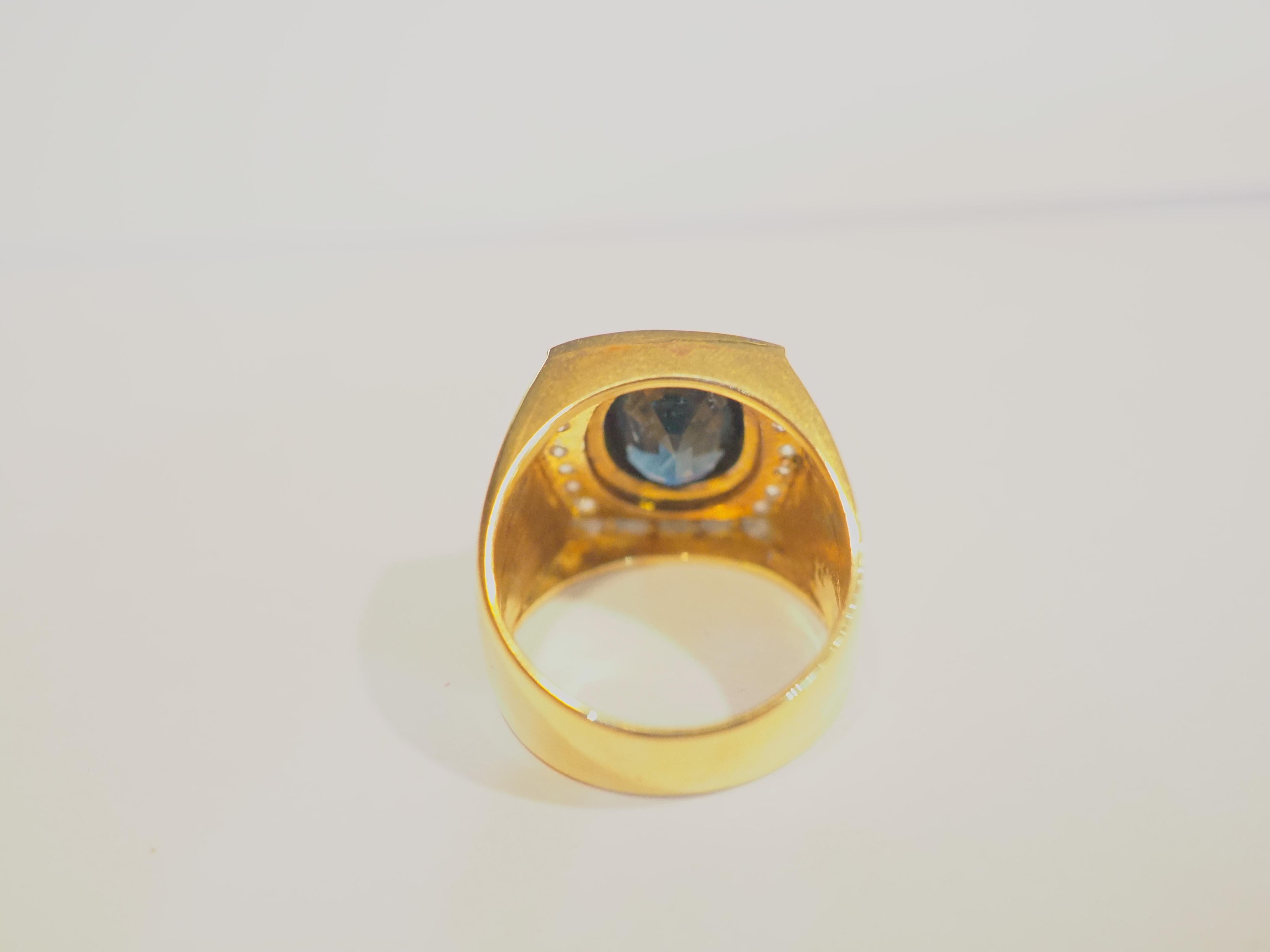 Oval Cut 18K Gold 4.80ct Dark Teal Blue Sapphire & 0.46ct Diamond Men's Signet Ring For Sale