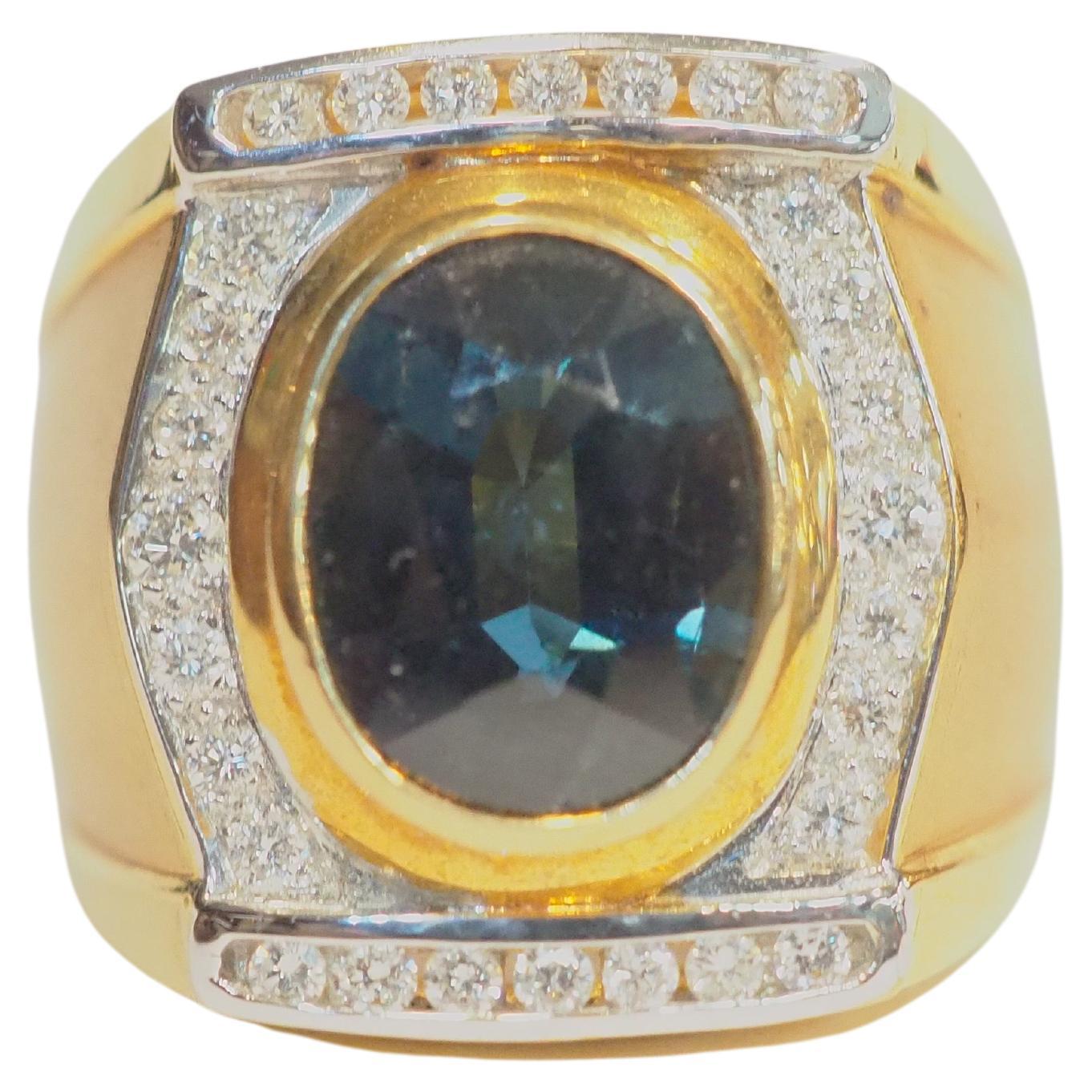18K Gold 4.80ct Dark Teal Blue Sapphire & 0.46ct Diamond Men's Signet Ring For Sale