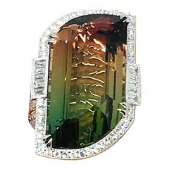 18 Karat Gold 49.32 Carat Bi-Color Tourmaline and 1.94 Carat Diamond Ring