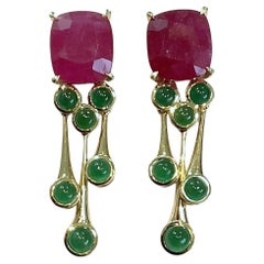 18k Gold 4.94 ct Emerald Round & 21.28 ct Ruby Cushion Cut Natural Cut Earring 18k Gold 4.94 ct Emerald Round & 21.28 ct Ruby Cushion Cut Natural Cut Earring