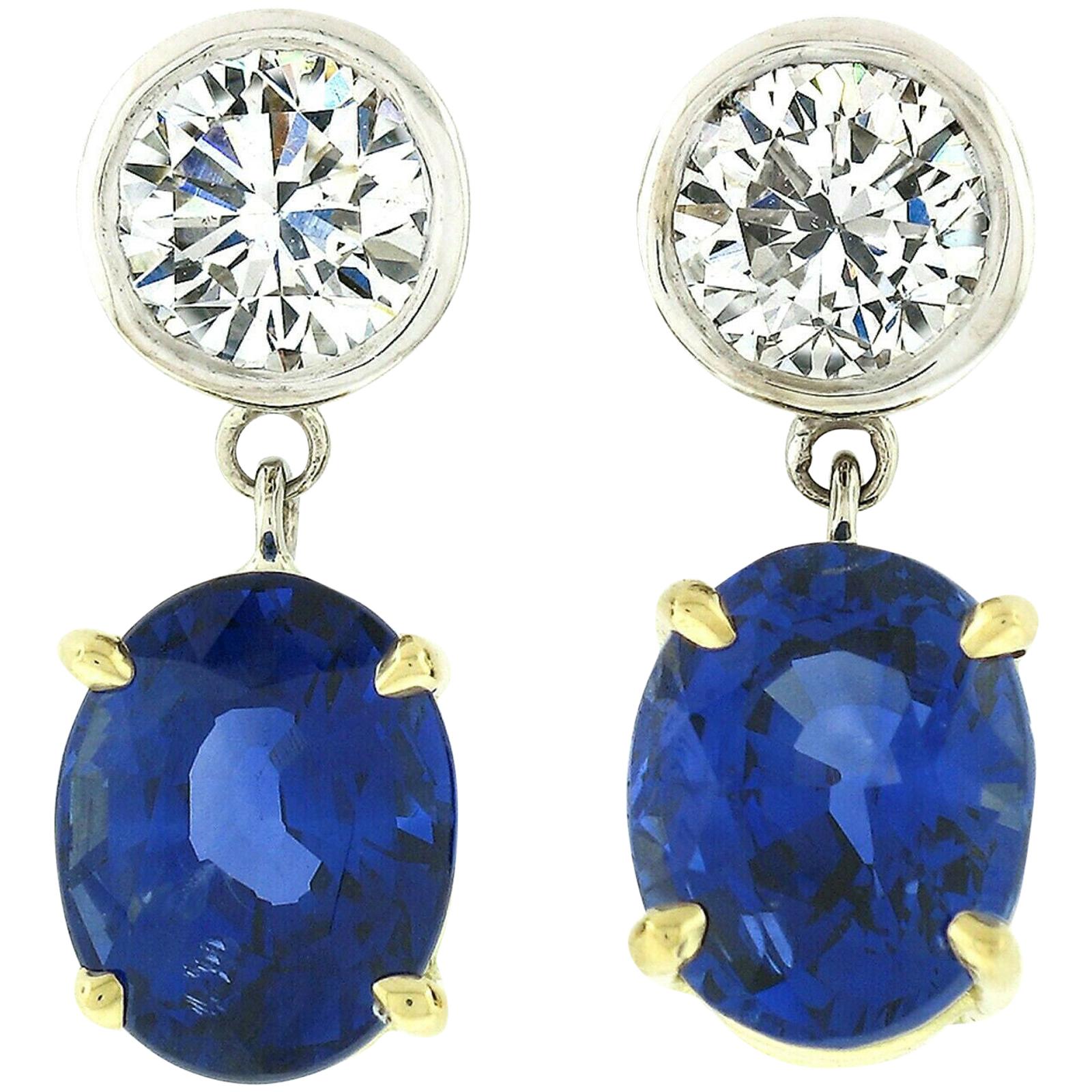 18k Gold 4.98 Carat GIA Oval Blue Sapphire Bezel Diamond Drop Dangle Earrings For Sale