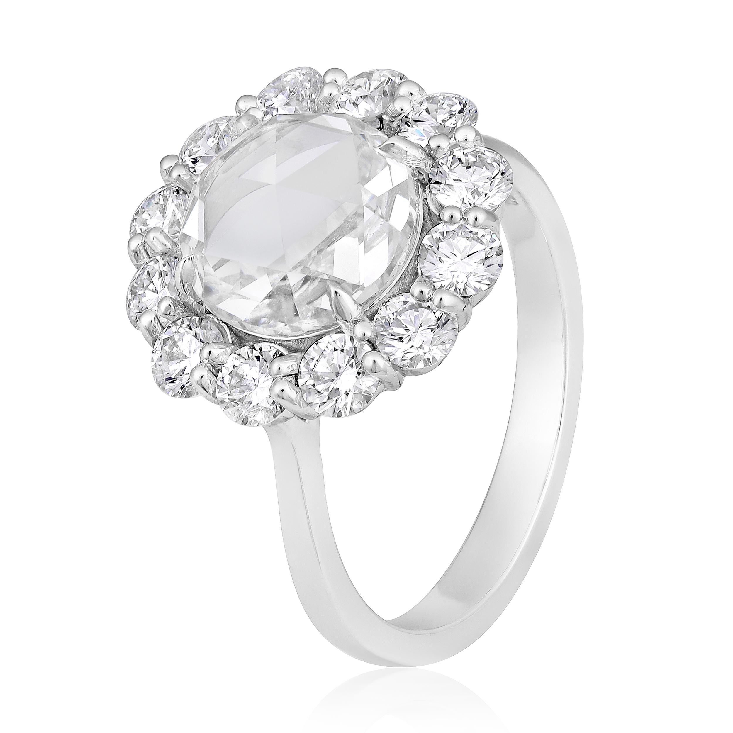 Crafted in 5.72 grams of 18K White Gold, the ring contains 12 stone of Round Lab Created Diamond with a total of 1.33 carat in D-F color and VVS-VS clarity combined with 1 stones of Rose Cut Round Side Lab Created Diamonds with a total of 2.71 carat