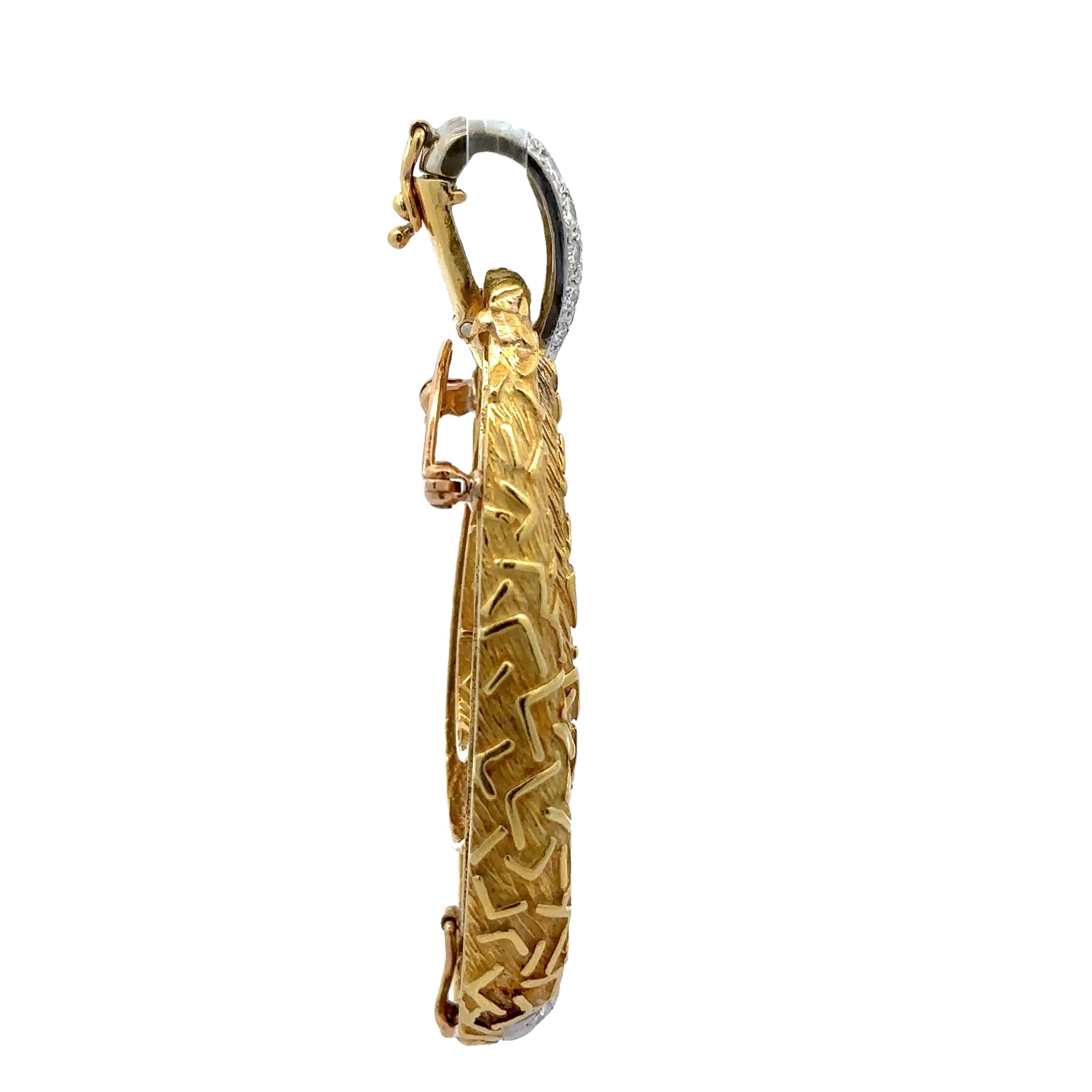 Broche en or 18k avec double pendentif texturé en forme de goutte d'eau et diamants 4ctw Excellent état - En vente à Montclair, NJ