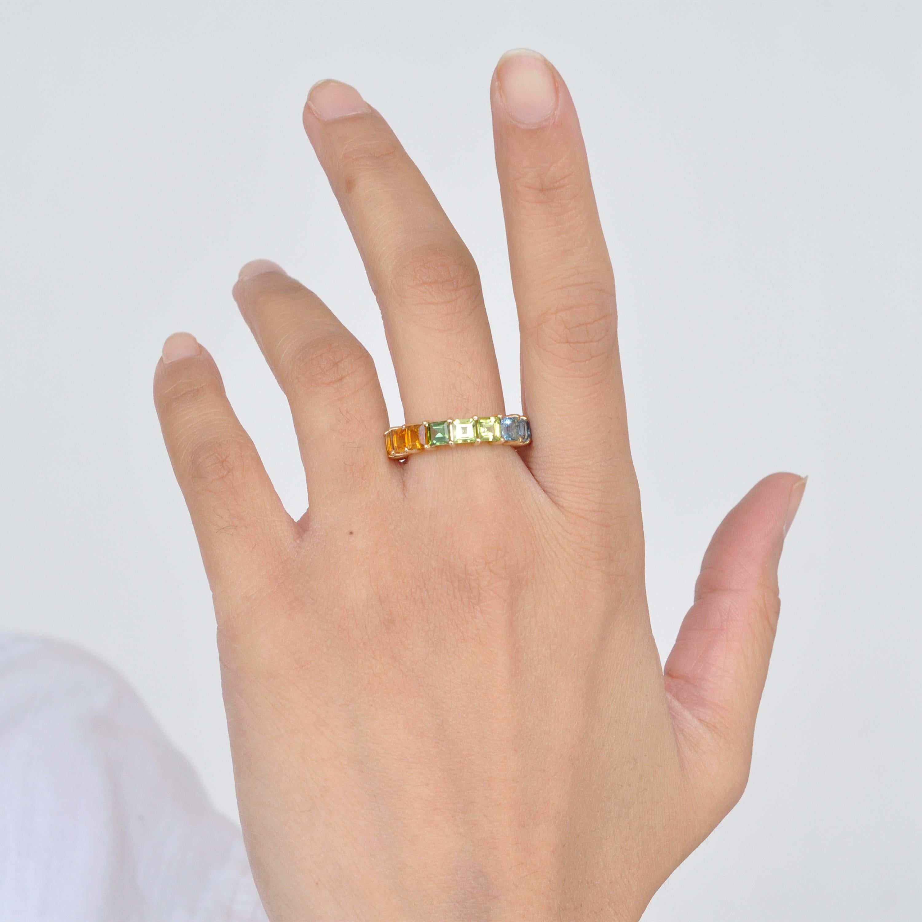 For Sale:  18K Gold Square Multicolor Natural Gemstones Rainbow Eternity Band Ring 16