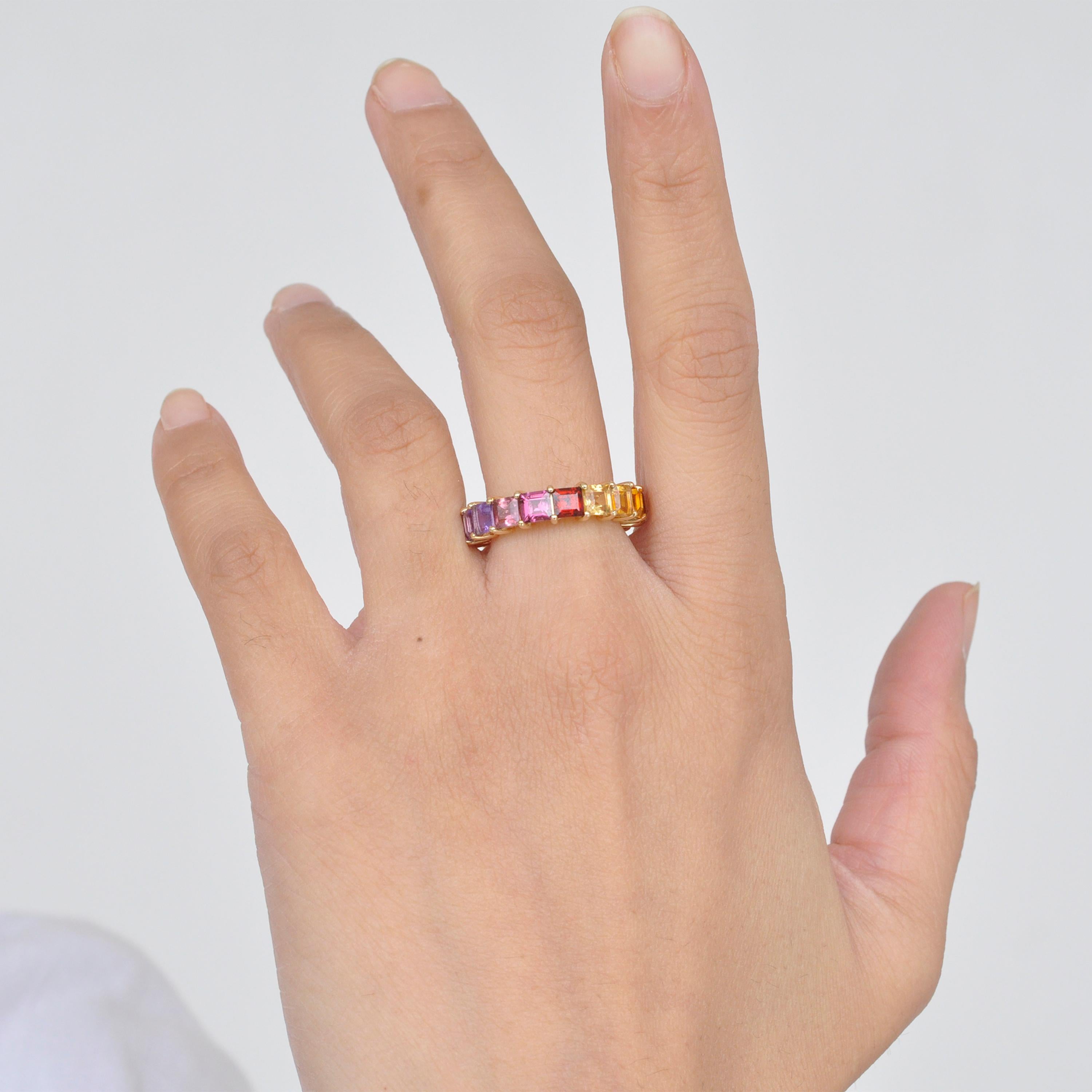 For Sale:  18K Gold Square Multicolor Natural Gemstones Rainbow Eternity Band Ring 17