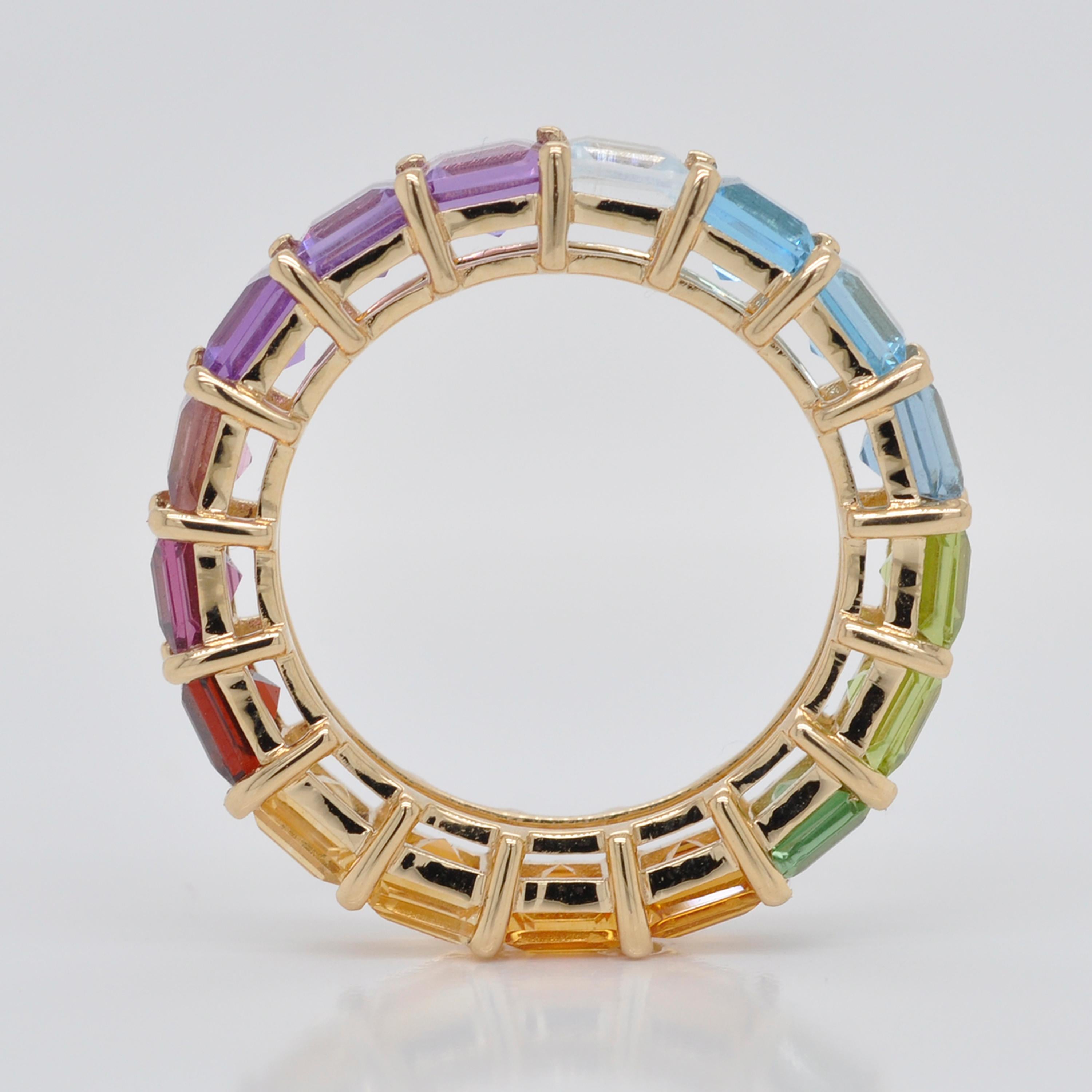 For Sale:  18K Gold Square Multicolor Natural Gemstones Rainbow Eternity Band Ring 3