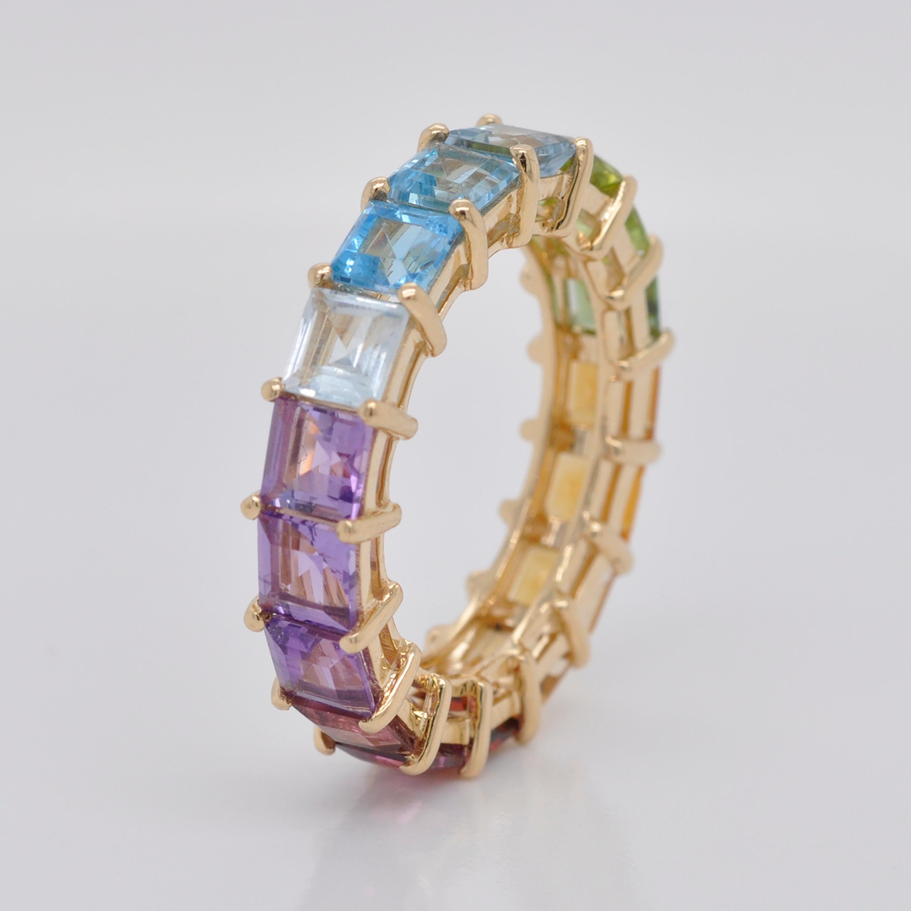 For Sale:  18K Gold Square Multicolor Natural Gemstones Rainbow Eternity Band Ring 5