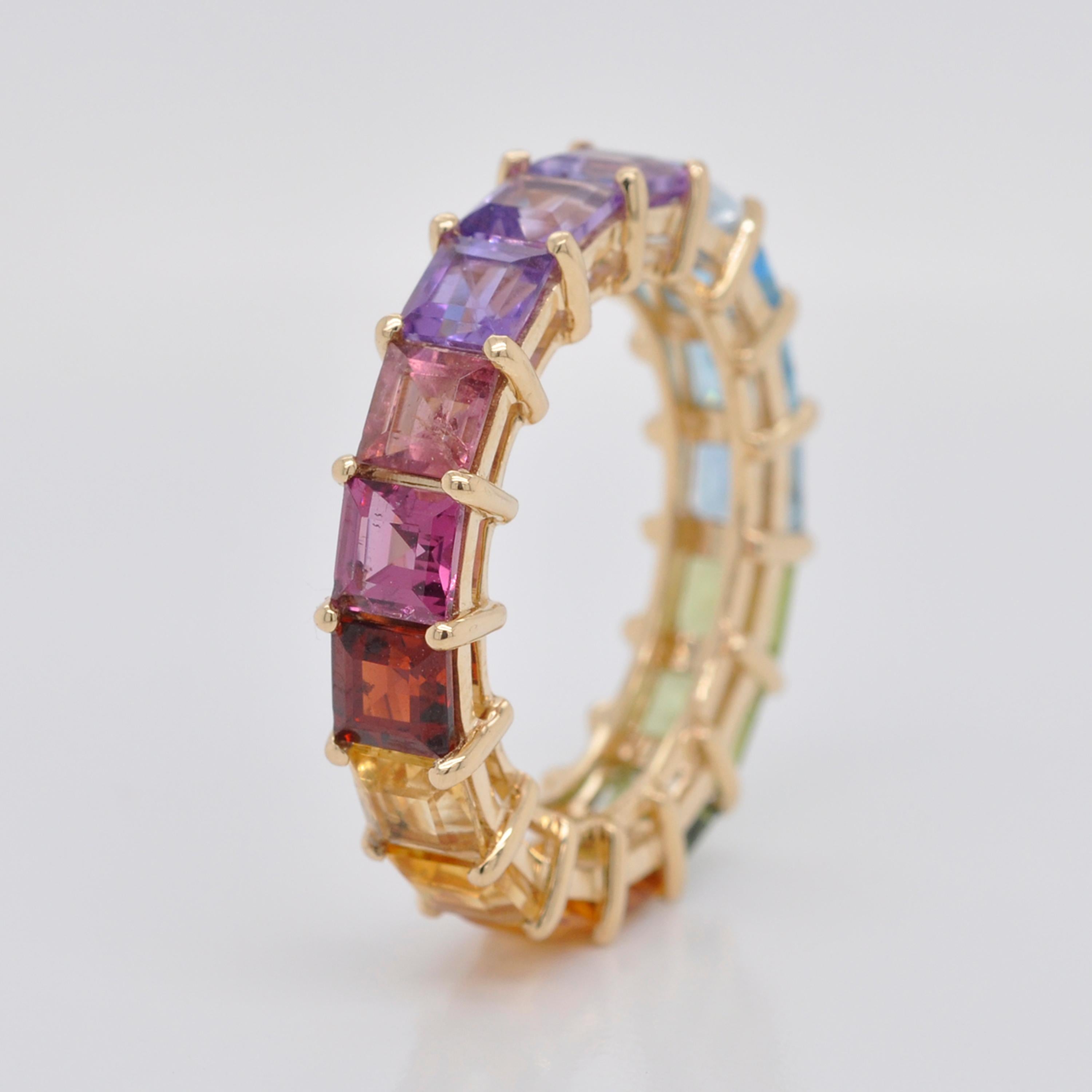 For Sale:  18K Gold Square Multicolor Natural Gemstones Rainbow Eternity Band Ring 6