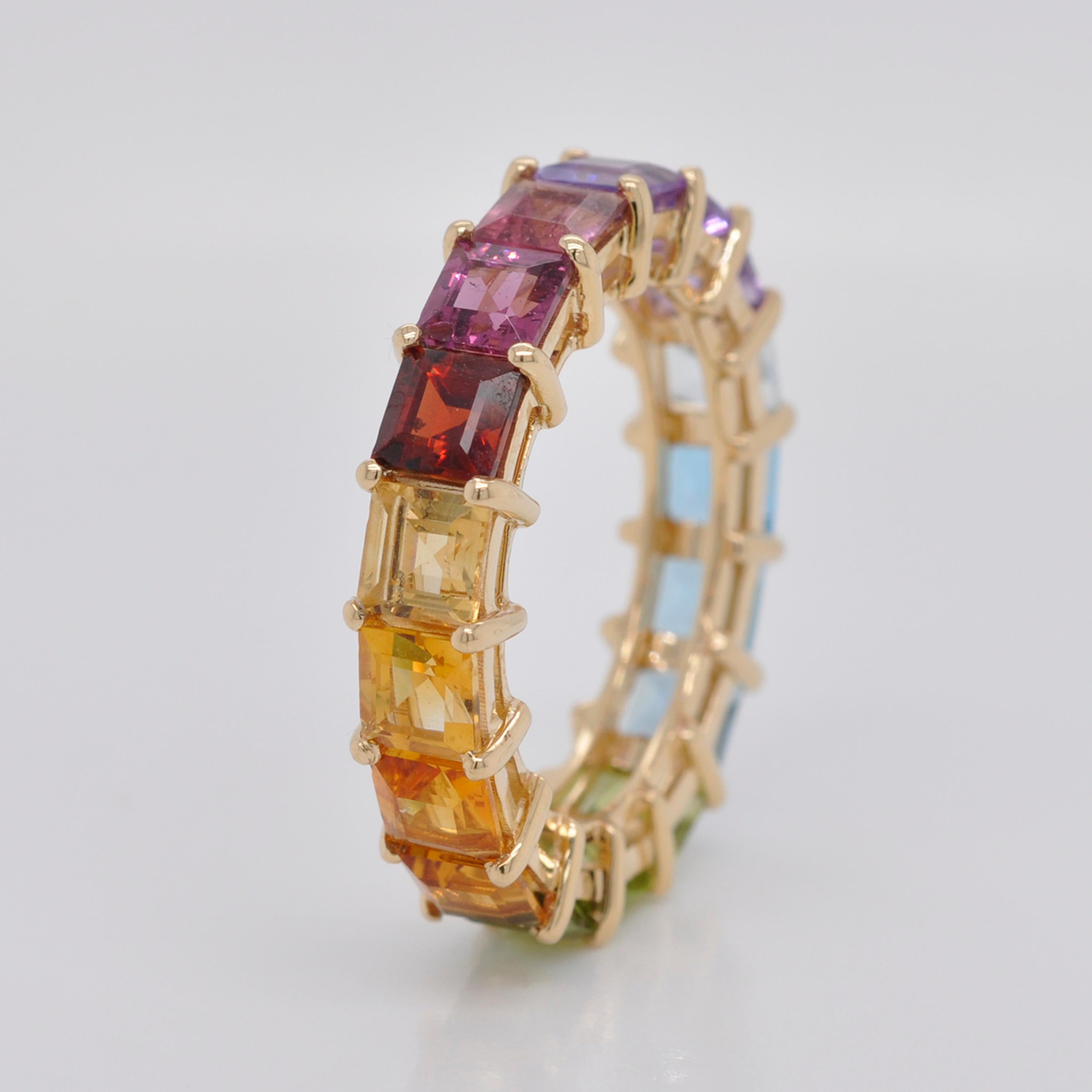 For Sale:  18K Gold Square Multicolor Natural Gemstones Rainbow Eternity Band Ring 7