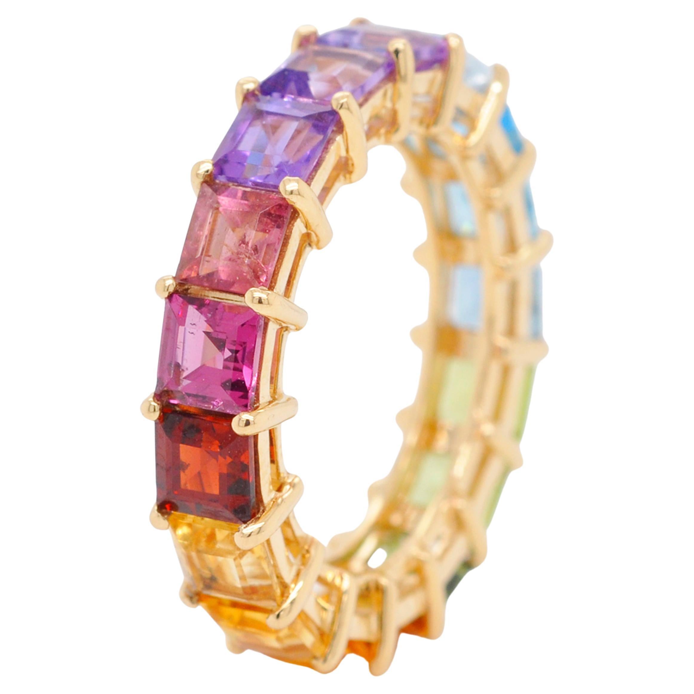 For Sale:  18K Gold Square Multicolor Natural Gemstones Rainbow Eternity Band Ring
