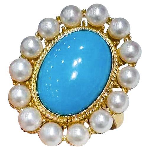 【Caelmare】Cameo Halo Turquoise & Baby Akoya Statement Ring For Sale