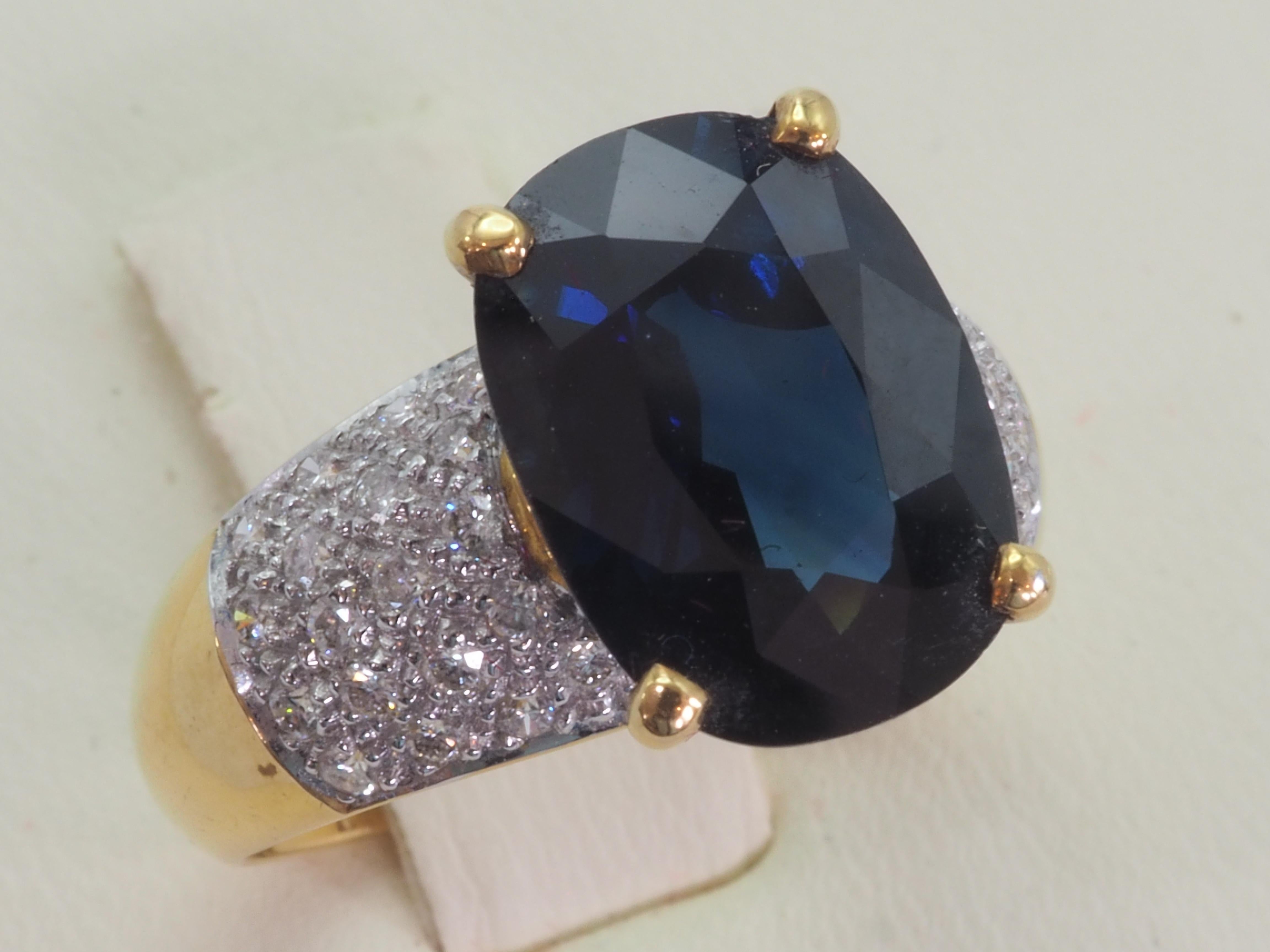 Women's 18K Gold 5.42ct Cushion Deep Blue Sapphire & 0.18ct Diamond Statement Ring For Sale