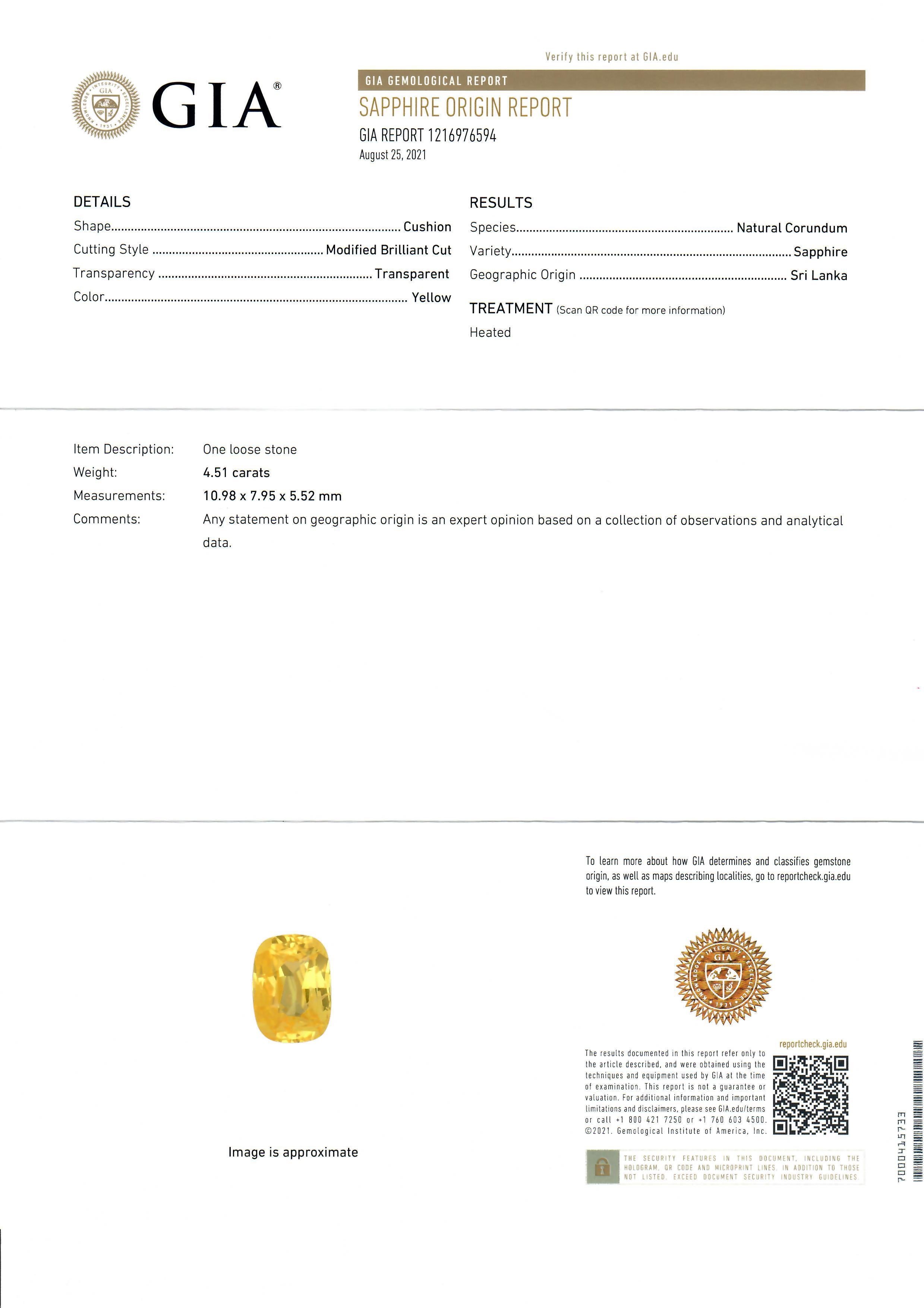 18k Gold 5.65ctw GIA Cushion Yellow Sapphire & Baguette Diamond Engagement Ring 5