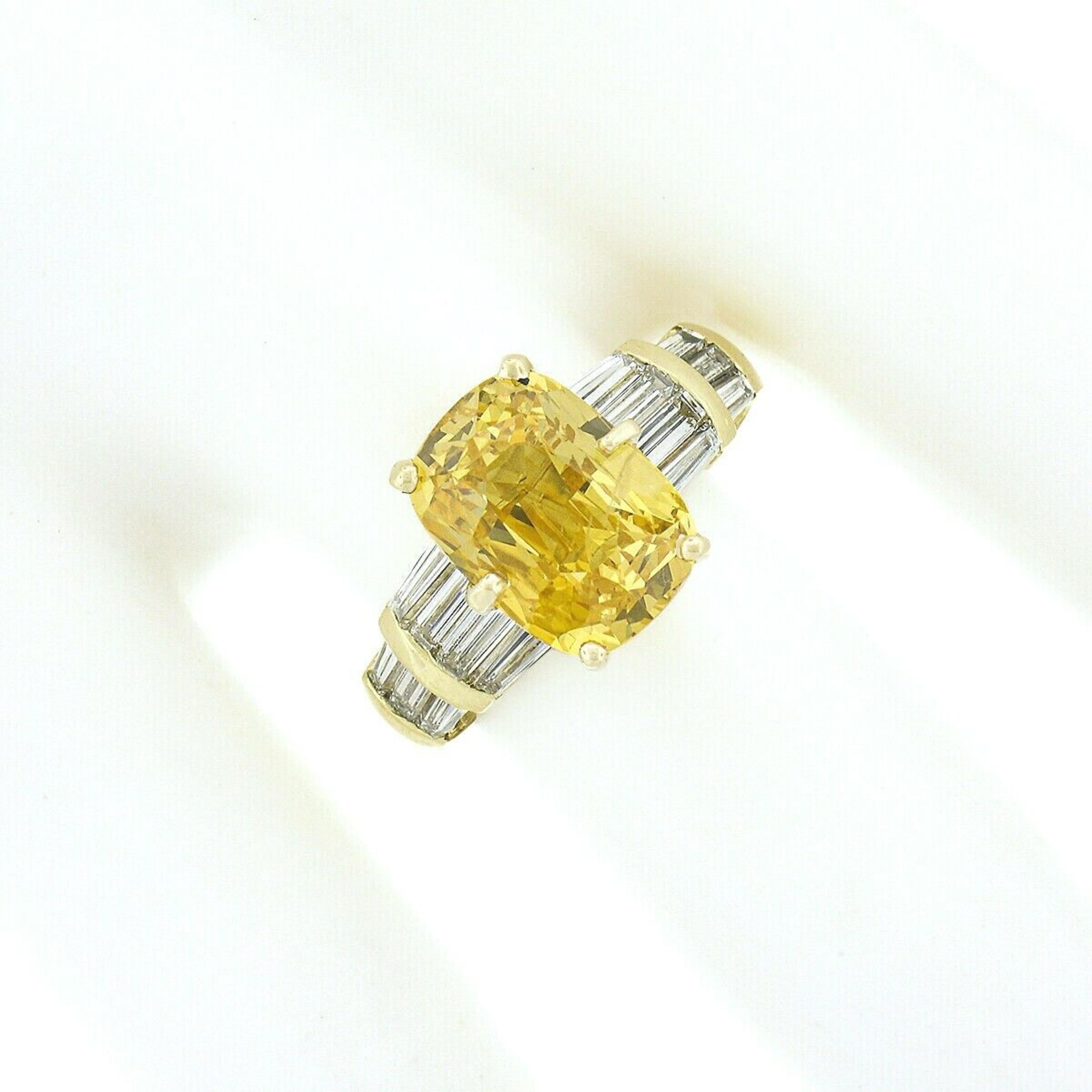 Cushion Cut 18k Gold 5.65ctw GIA Cushion Yellow Sapphire & Baguette Diamond Engagement Ring
