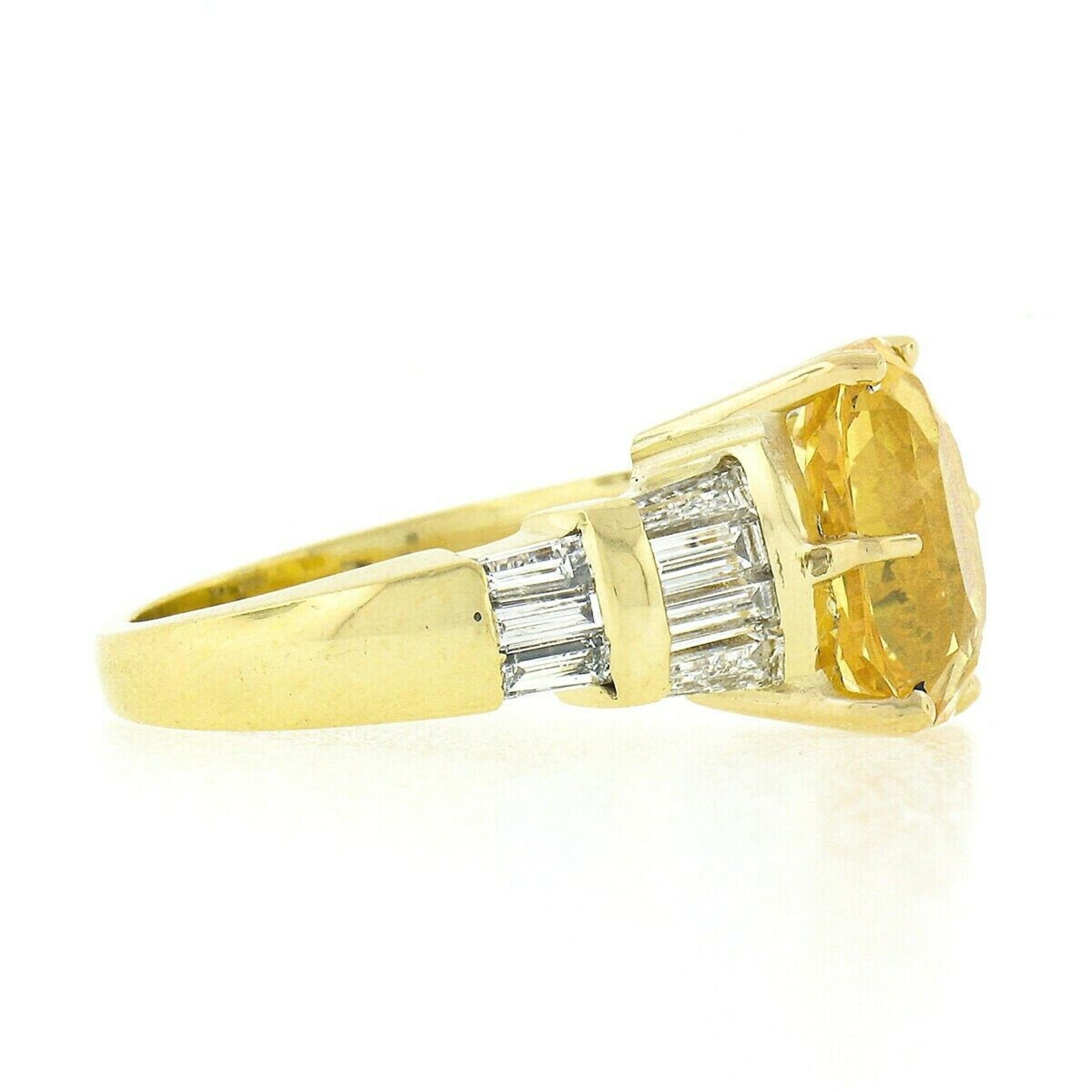 18k Gold 5.65ctw GIA Cushion Yellow Sapphire & Baguette Diamond Engagement Ring In Good Condition In Montclair, NJ