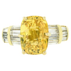 18k Gold 5.65ctw GIA Cushion Yellow Sapphire & Baguette Diamond Engagement Ring