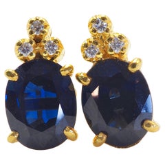 18K Gold 5.68ct Blue Sapphire 
0.23ct Diamond Fine Stud Earrings