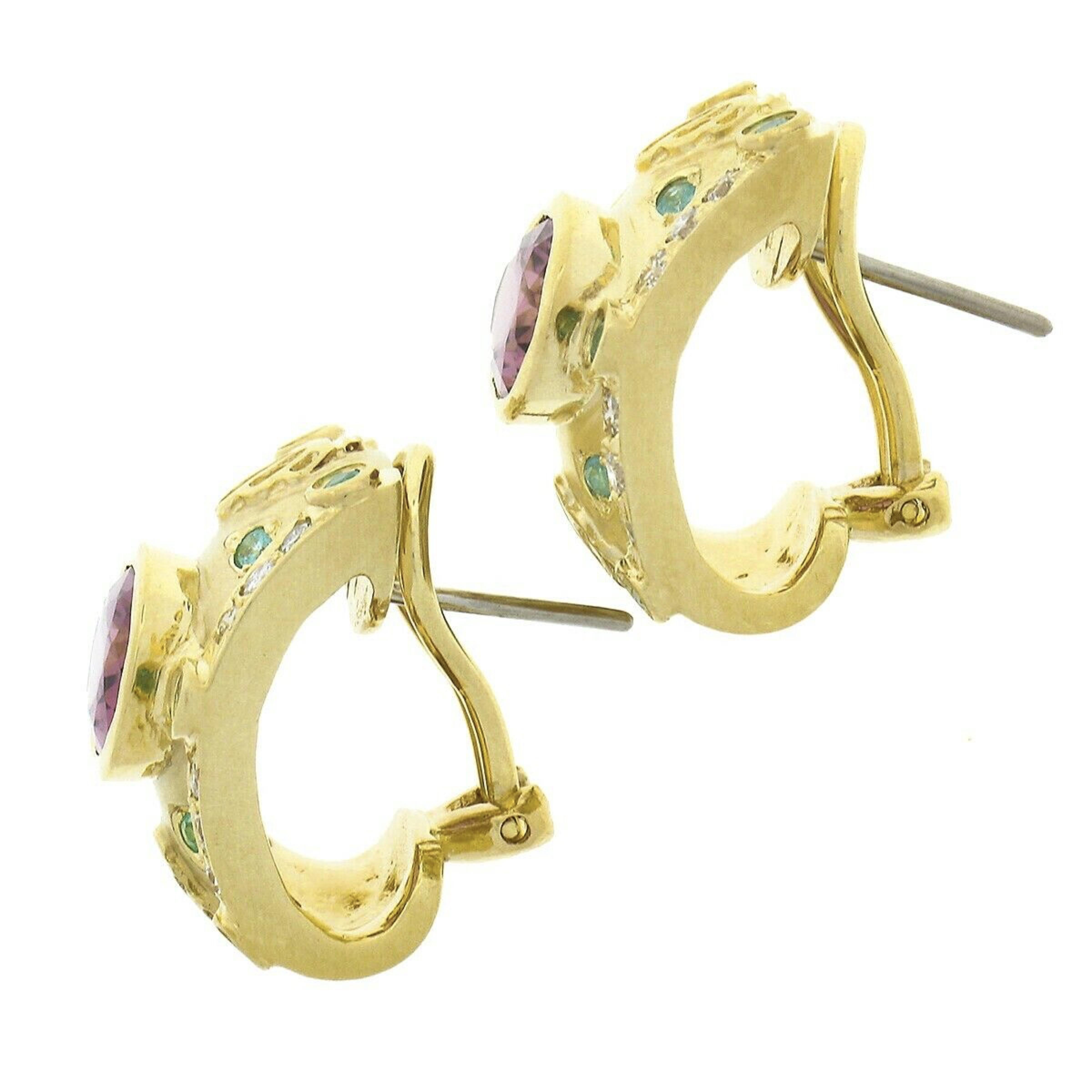 Oval Cut 18K Gold 5.83ctw Bezel Pink & Paraiba Tourmaline w/ Diamond Wide Cuff Earrings For Sale