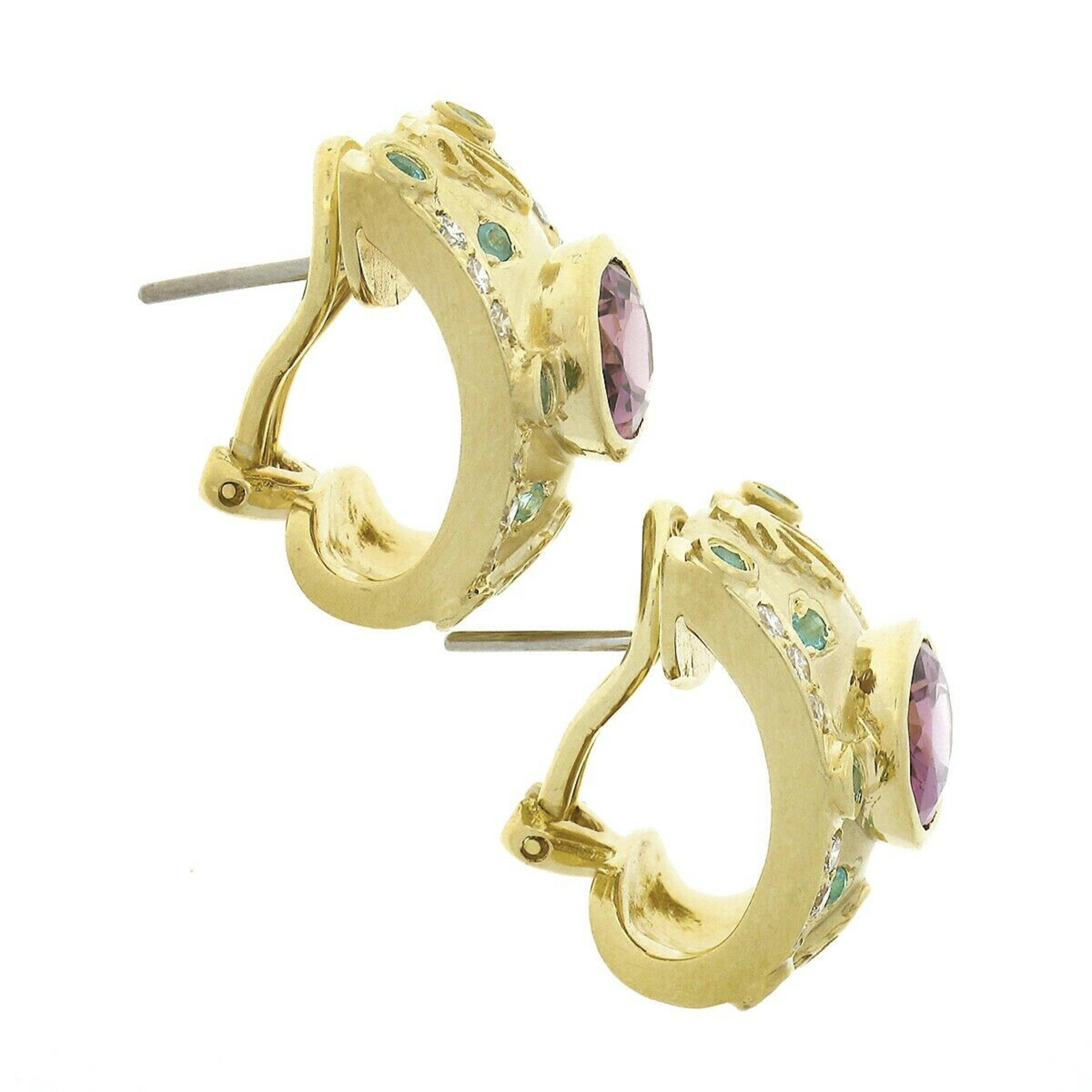 18K Gold 5.83ctw Bezel Pink & Paraiba Tourmaline w/ Diamond Wide Cuff Earrings In Good Condition For Sale In Montclair, NJ