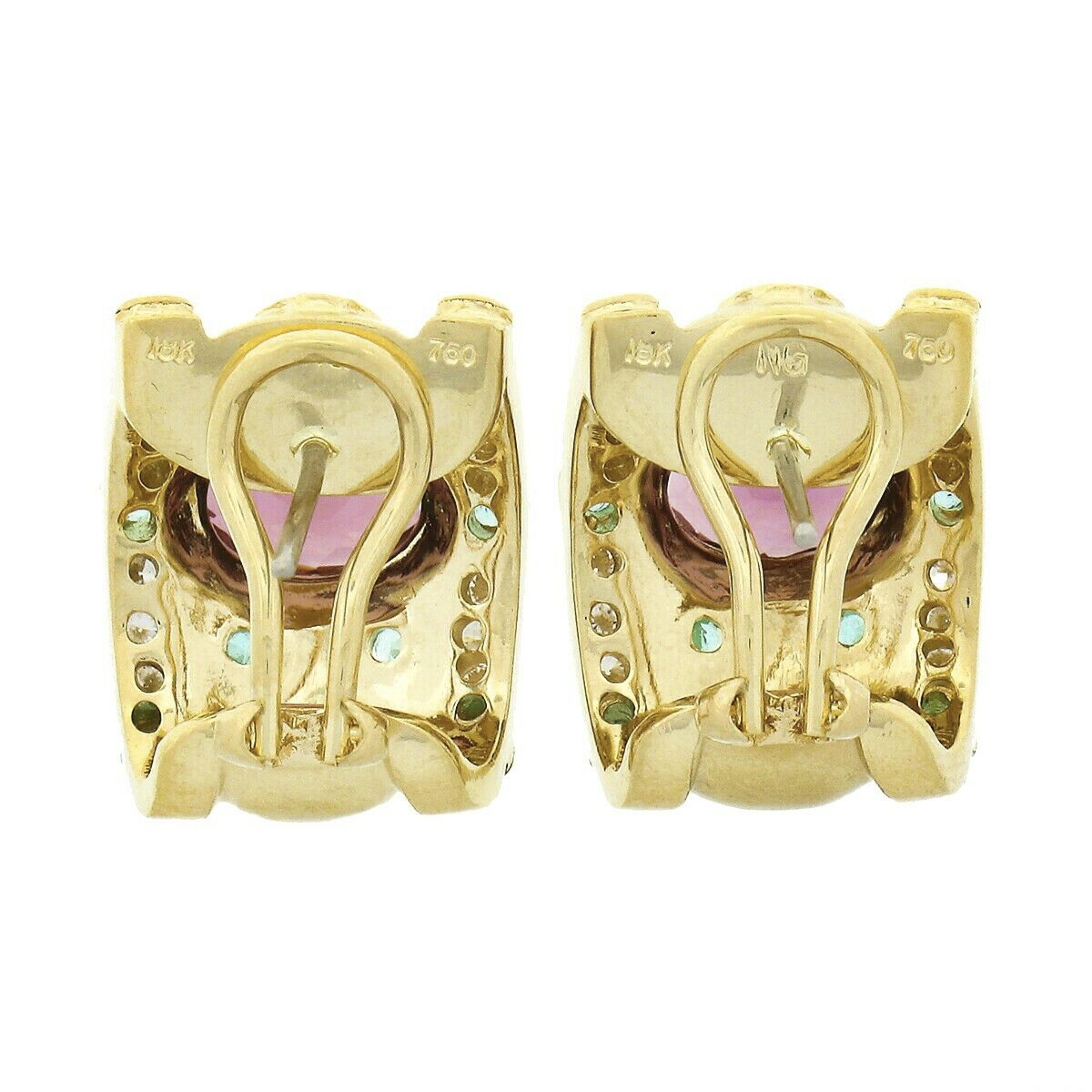 Women's 18K Gold 5.83ctw Bezel Pink & Paraiba Tourmaline w/ Diamond Wide Cuff Earrings For Sale
