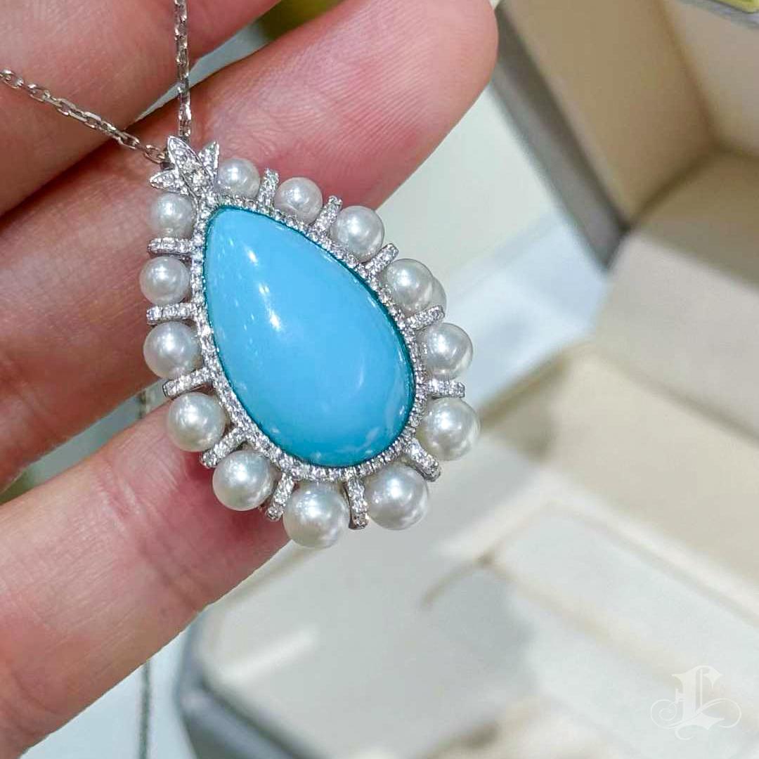 Uncut Radiant Halo Akoya Pearl & Turquoise Convertible Pendant Ring