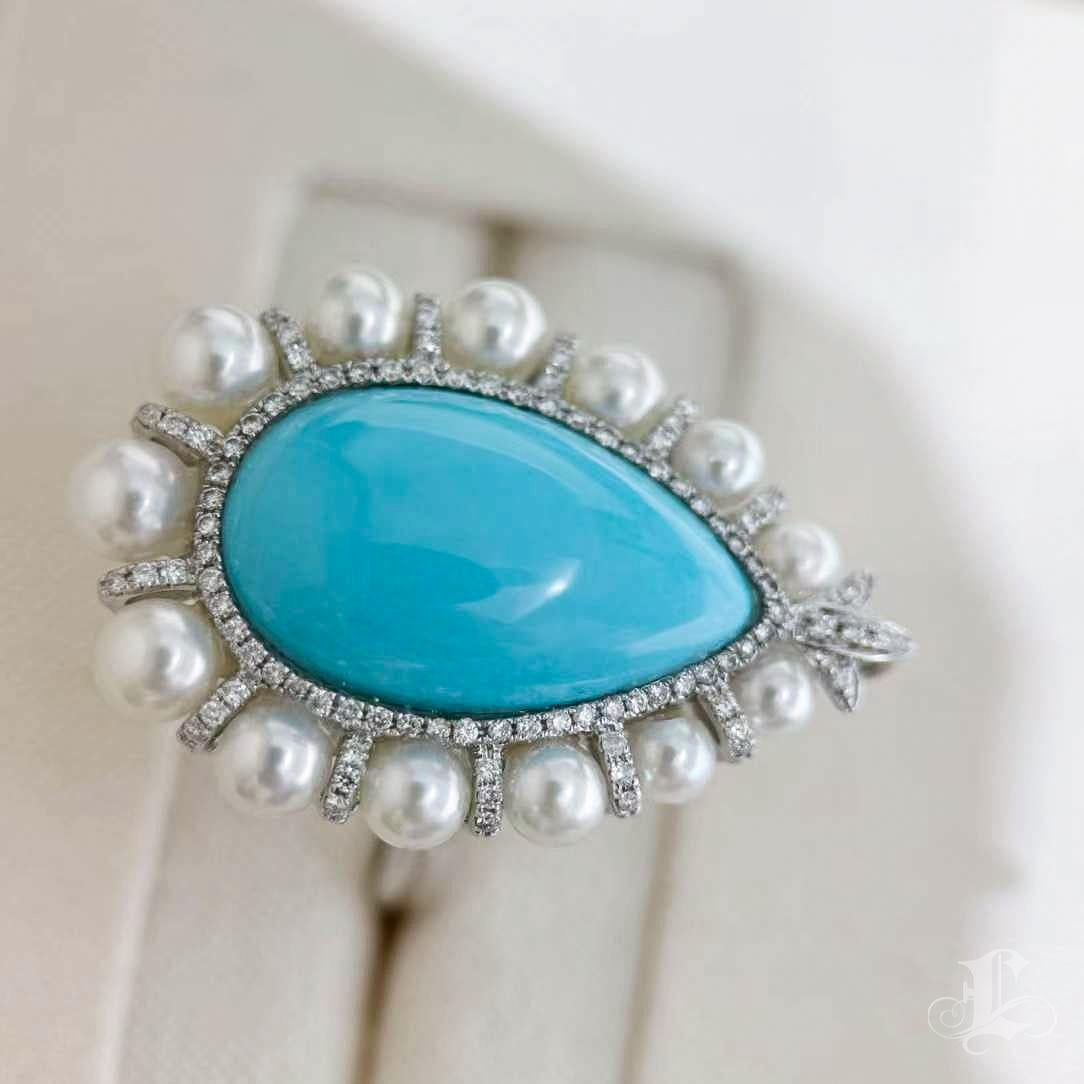 Radiant Halo Akoya Pearl & Turquoise Convertible Pendant Ring 2