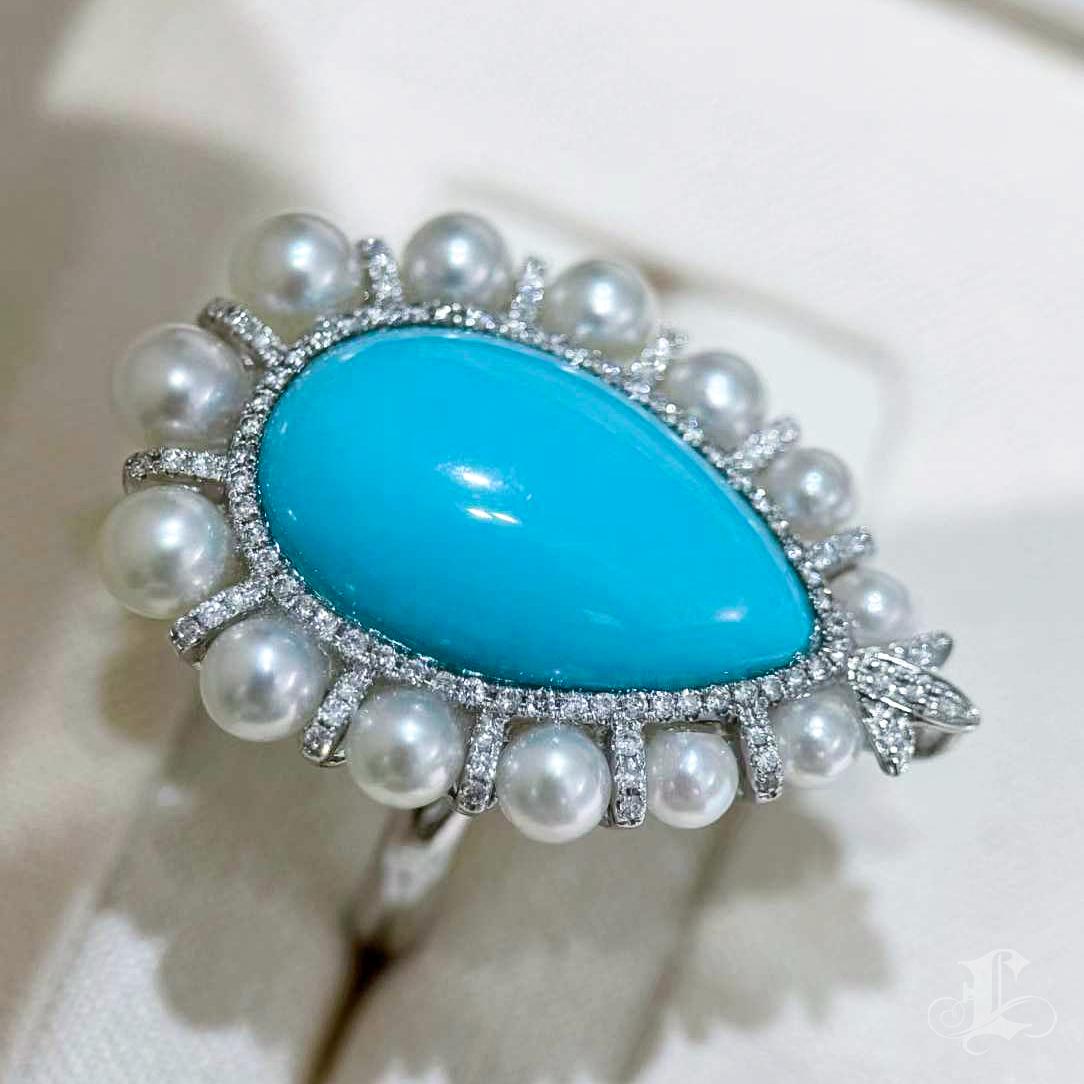 Radiant Halo Akoya Pearl & Turquoise Convertible Pendant Ring In New Condition In New York, NY
