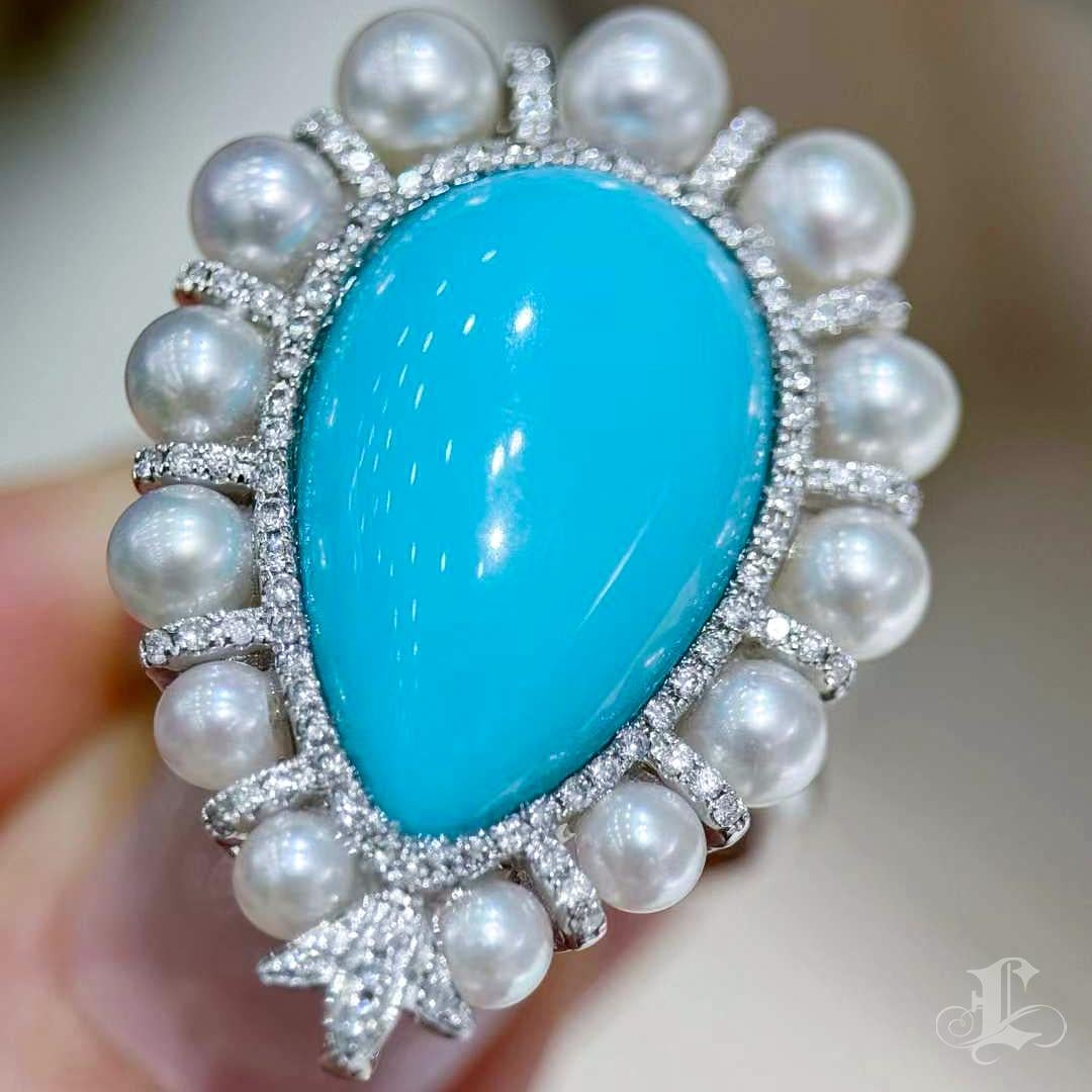 Women's Radiant Halo Akoya Pearl & Turquoise Convertible Pendant Ring