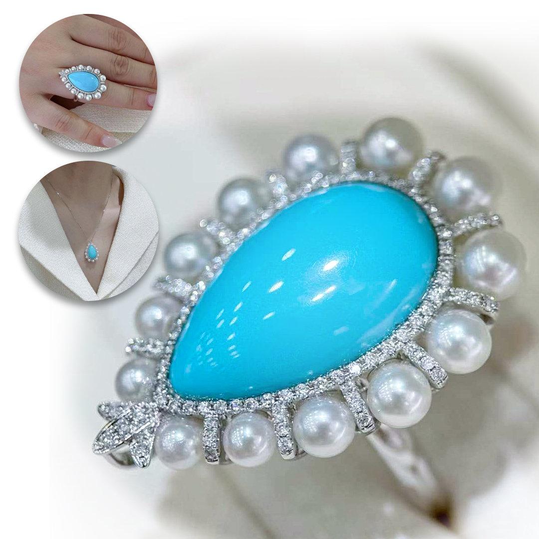 This exquisite piece features a stunning, teardrop-shaped turquoise, untouched by any artificial treatment, showcasing its unique natural color. Paired with aurora Akoya baby pearls, it is a harmonious blend of elegance and natural beauty.